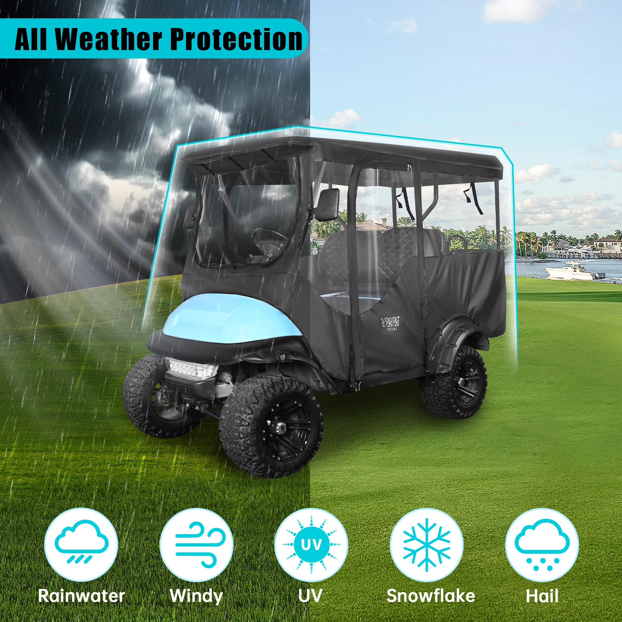 10L0L 4 Passenger Golf Cart Driving Enclosure For Club Car Precedent With Extended Roof Up To 81'', 4-Sided Clear Window 420D Ra