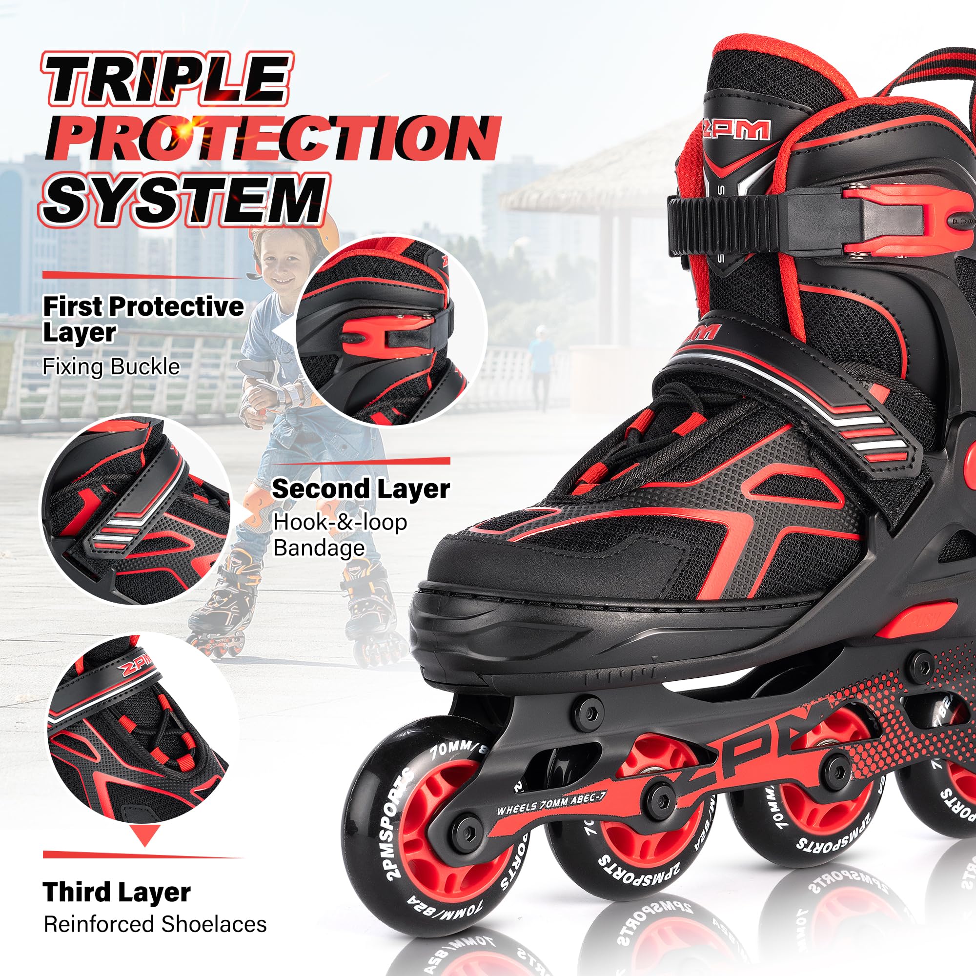 2Pm Sports Torinx Boys Adjustable Inline Skates, Fun Beginner Roller Skates For Kids, Youth, Girls, Men And Women - Red Medium