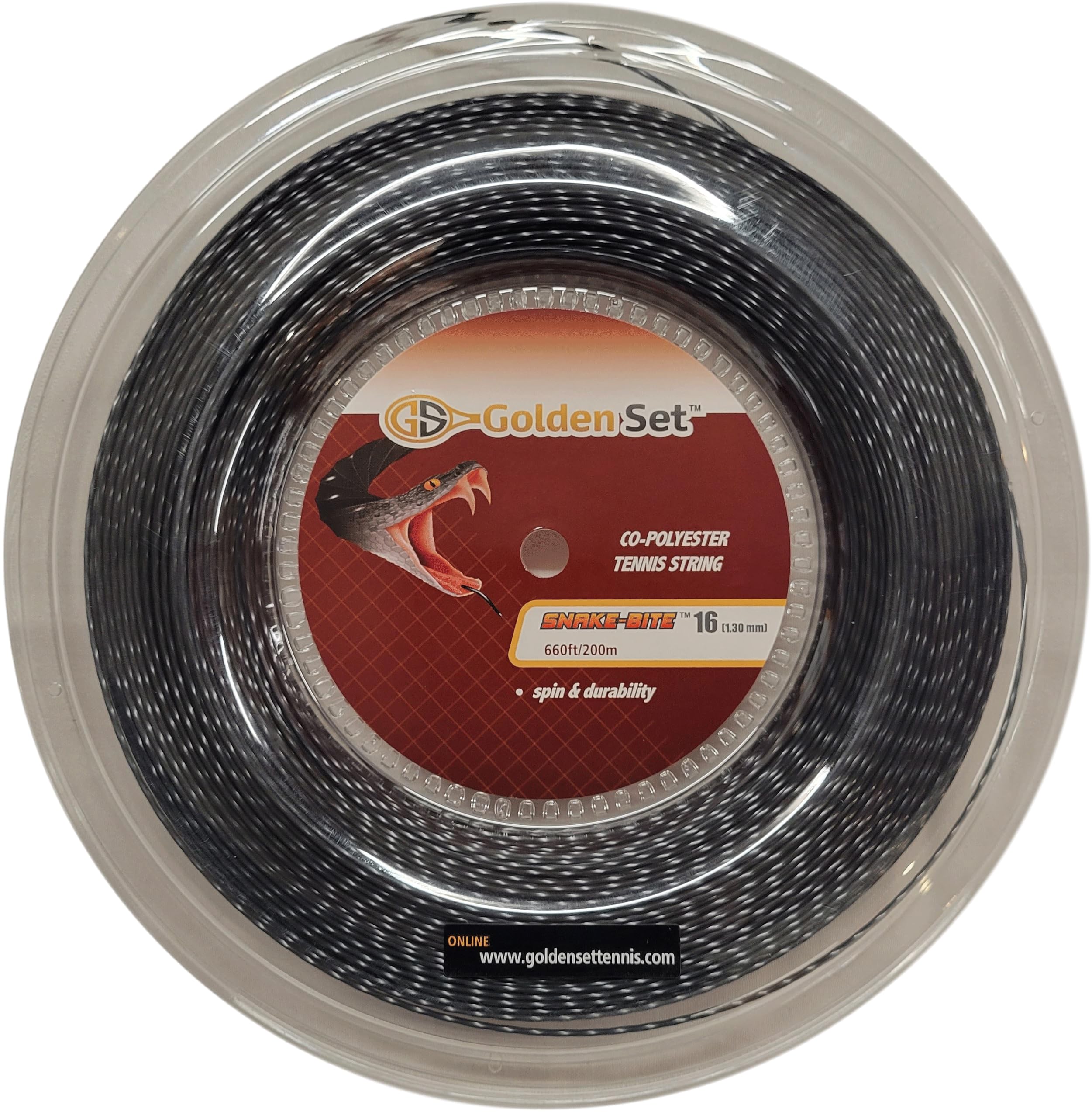Golden Set Tennis Snake-Bite Polyester Tennis String (Black, 16 Gauge Reel (660ft/200mm)