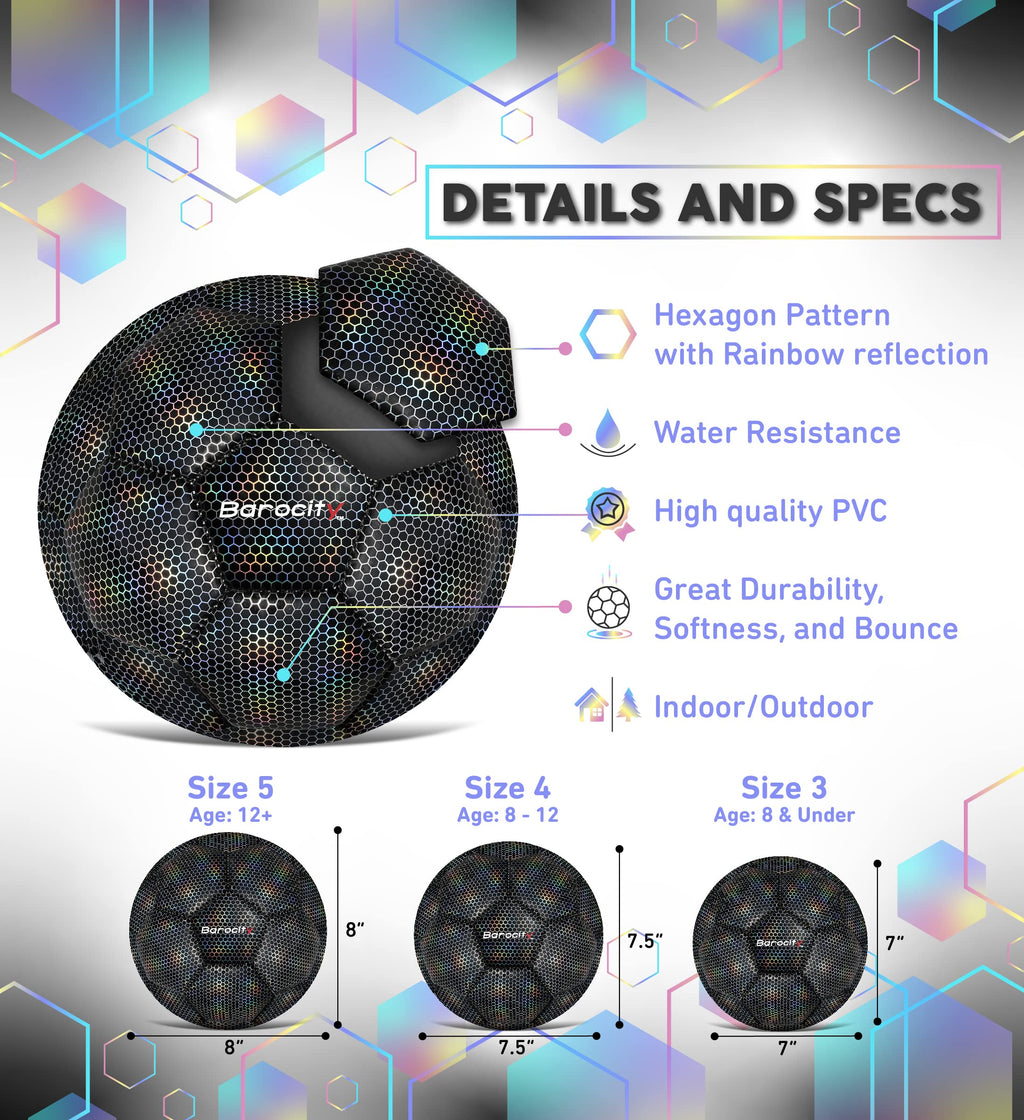 Barocity Soccer Ball - Boy And Girl Official Match Ball With Cool Reflective Rainbow Hex Pattern, For Indoor And Outdoor, Playti