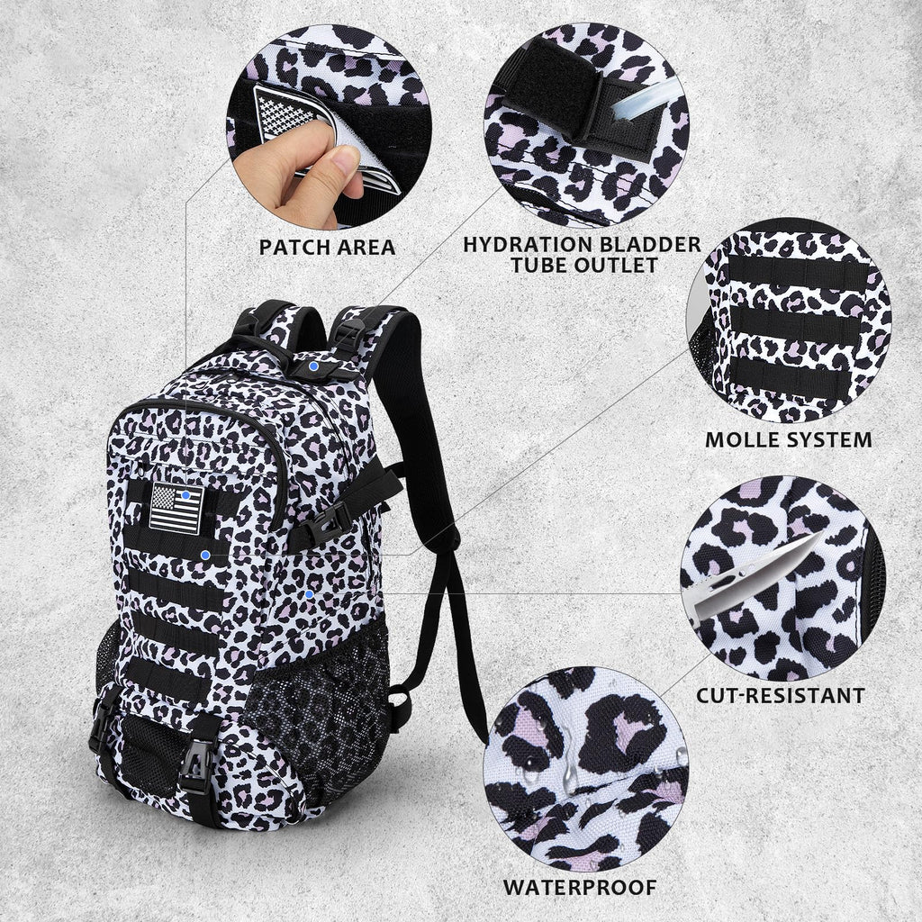 Jueachy Tactical Backpack For Women Men Hiking Day Pack Molle Military Rucksack Waterproof 30L Edc Bag With Usa Flag Patch Leopa