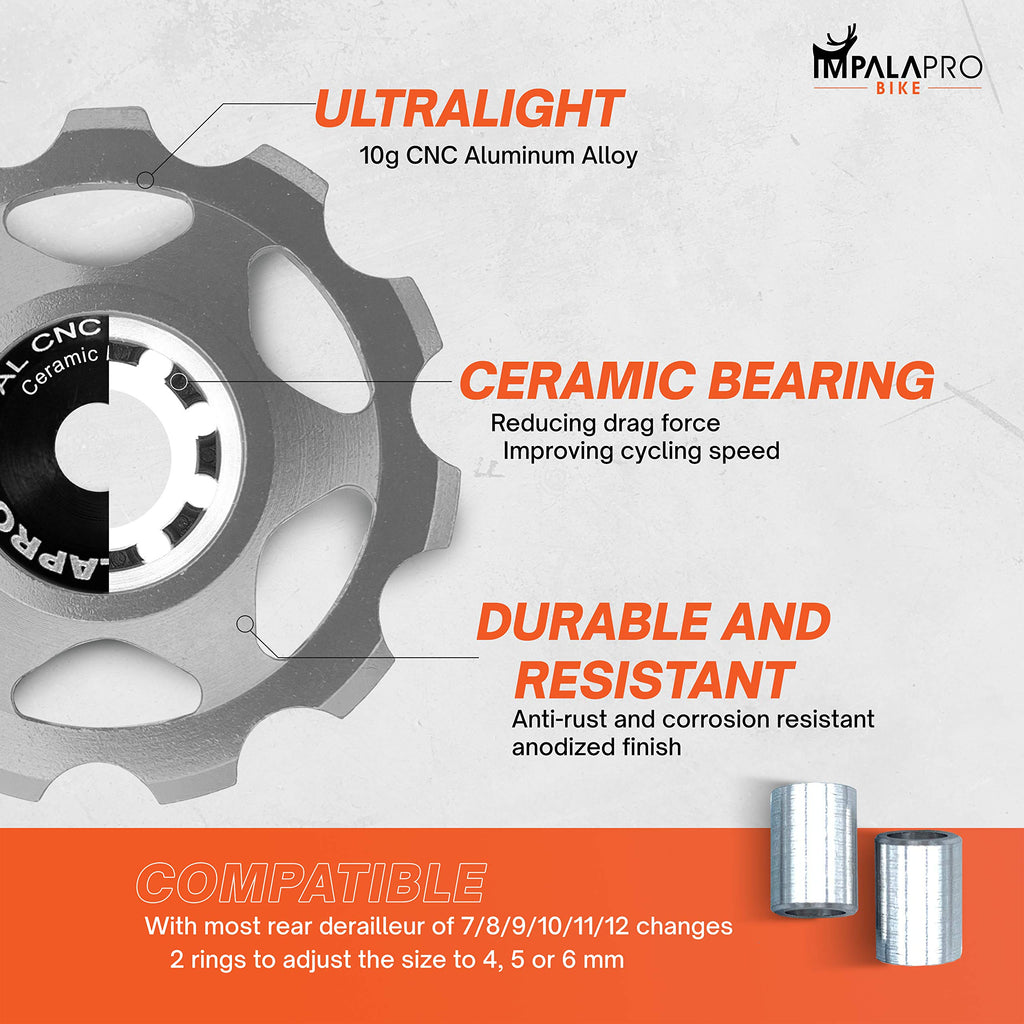 Impalapro Bike Set Of 2 Ceramic Jockey Wheels 11T - Derailleur Pulley - Jockey Wheel Shimano - Jockey Wheels 11 Speed - Pulley S