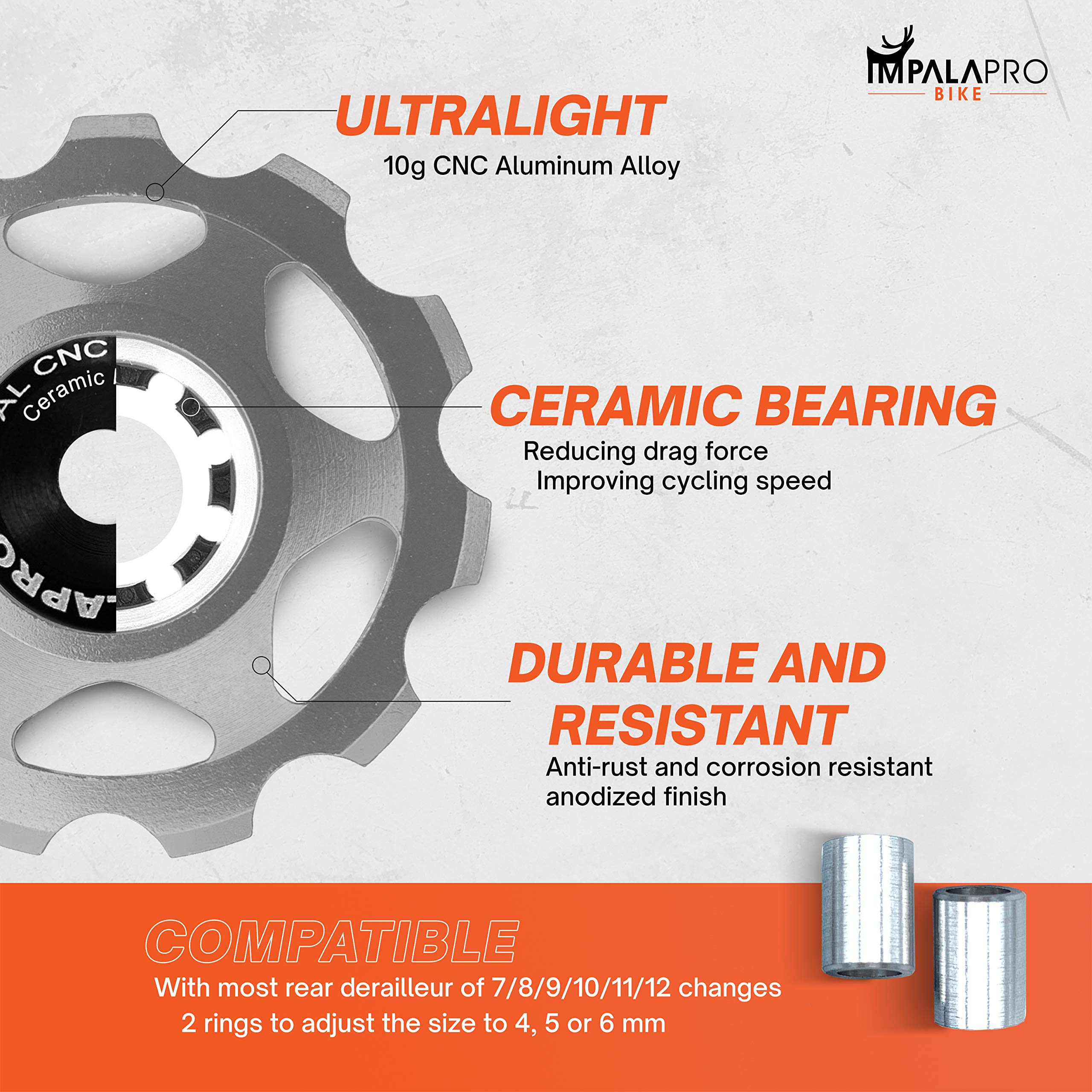 Impalapro Bike Set Of 2 Ceramic Jockey Wheels 11T - Derailleur Pulley - Jockey Wheel Shimano - Jockey Wheels 11 Speed - Pulley S