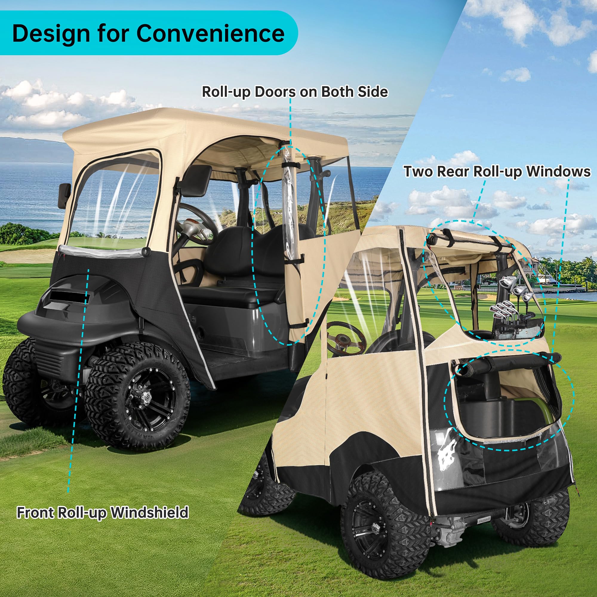 10L0L 2 Passenger Golf Cart Enclosure For Club Car Precedent, All Weather Windproof Waterproof Rain Cover, 4-Sided Clear Window