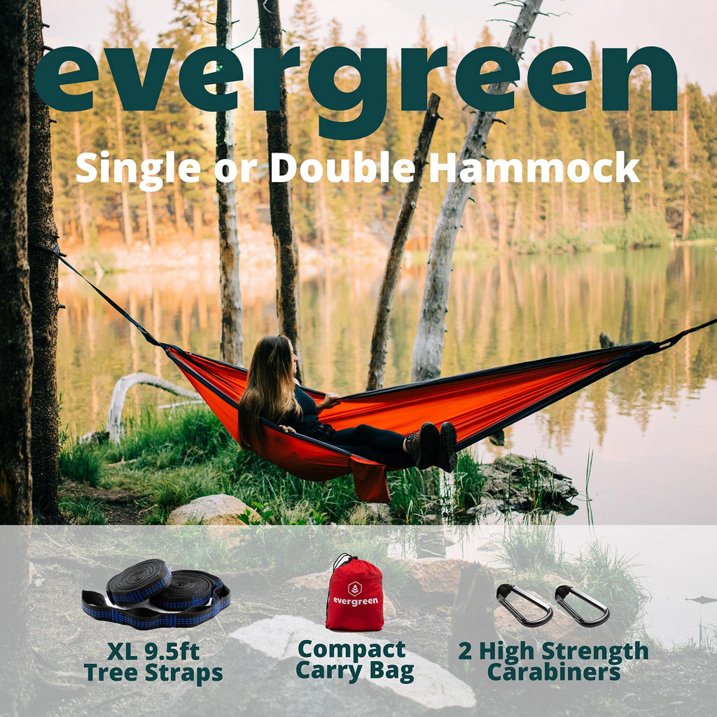 Evergreen Lightweight Outdoor Portable Camping Hammock - Single & Double With Tree Straps For Backpacking, Camping, Travel, Hiki