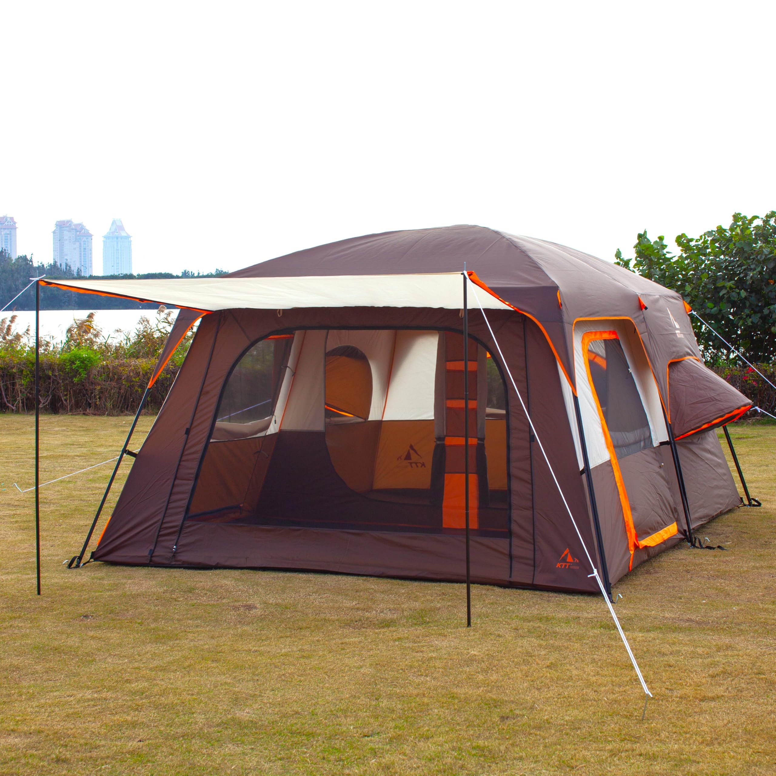 Ktt Extra Large Tent 12 Person,2 Bay-Windows,Family Cabin Tents,14.1'Lx10'Wx6.58'H,2 Rooms And 3 Doors 3 Windows With Mesh,Water