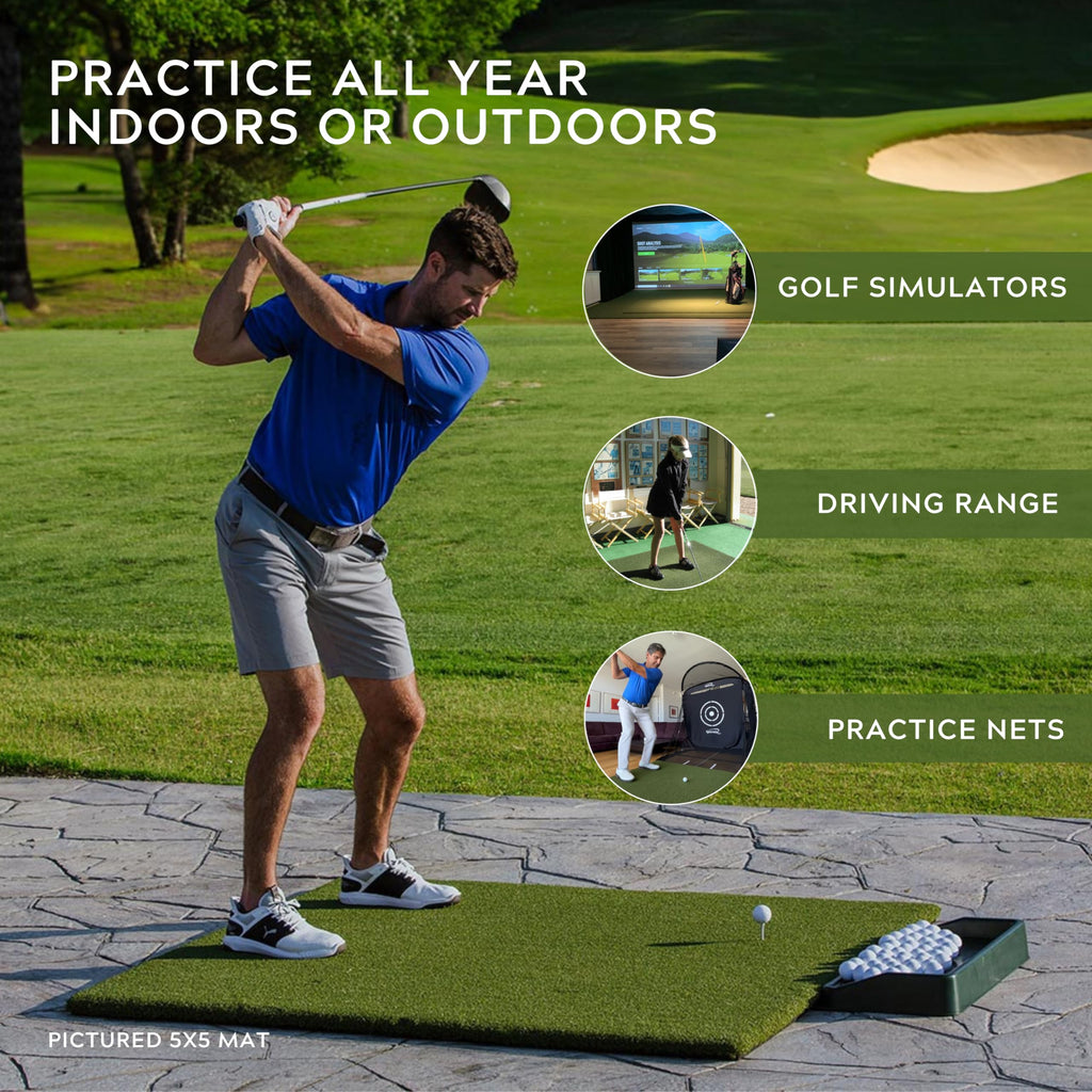 Original Country Club Elite By Real Feel Golf Mat 5X5 Ft, Thick Outdoor & Indoor Turf Practice Mat With Real & Rubber Tee Compat