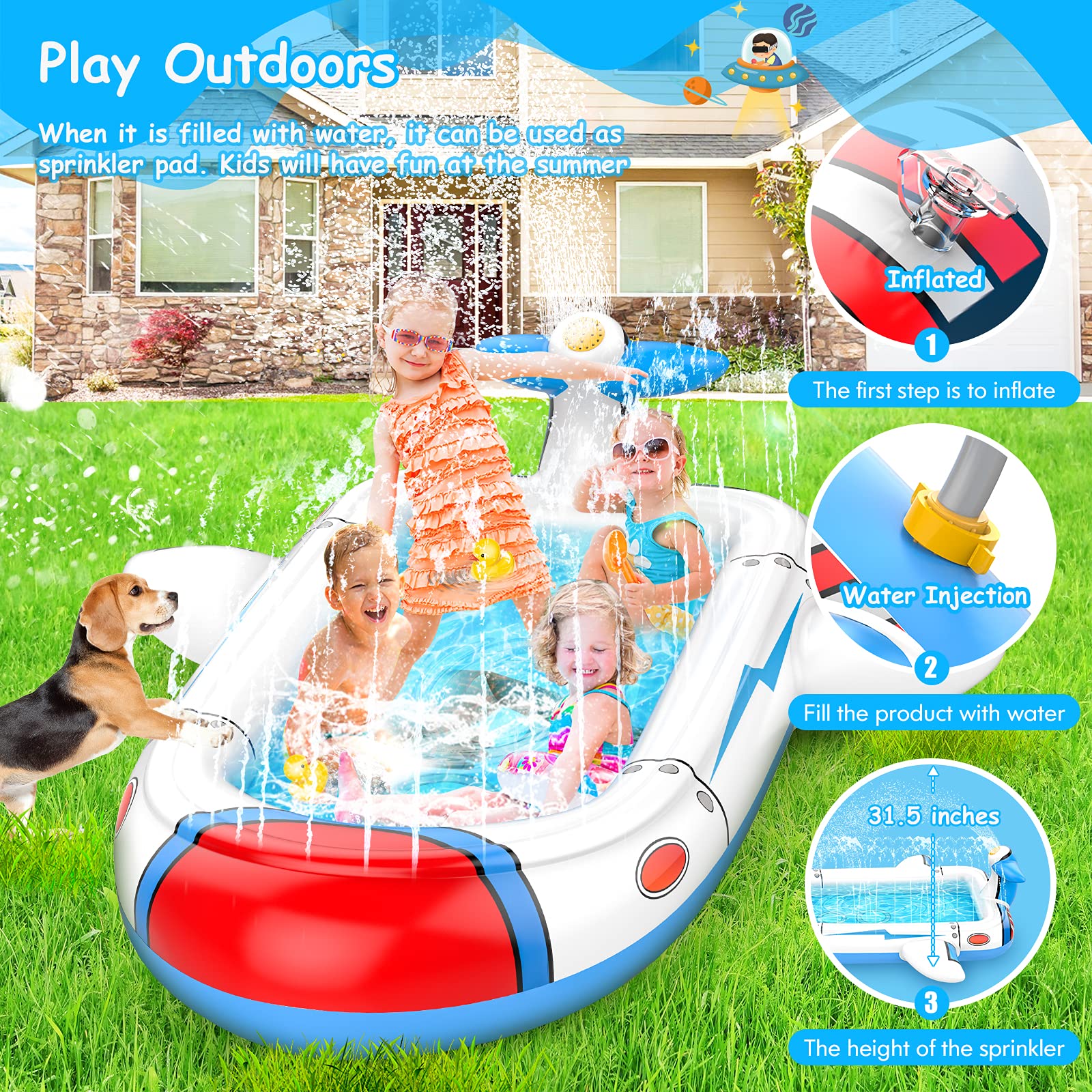 Kiddie Pool For Toddlers, Splash Pad For Kids Ages 4-8, 68'' Inflatable 3-In-1 Swimming Pool, Backyard And Outside Sprinkler Pla