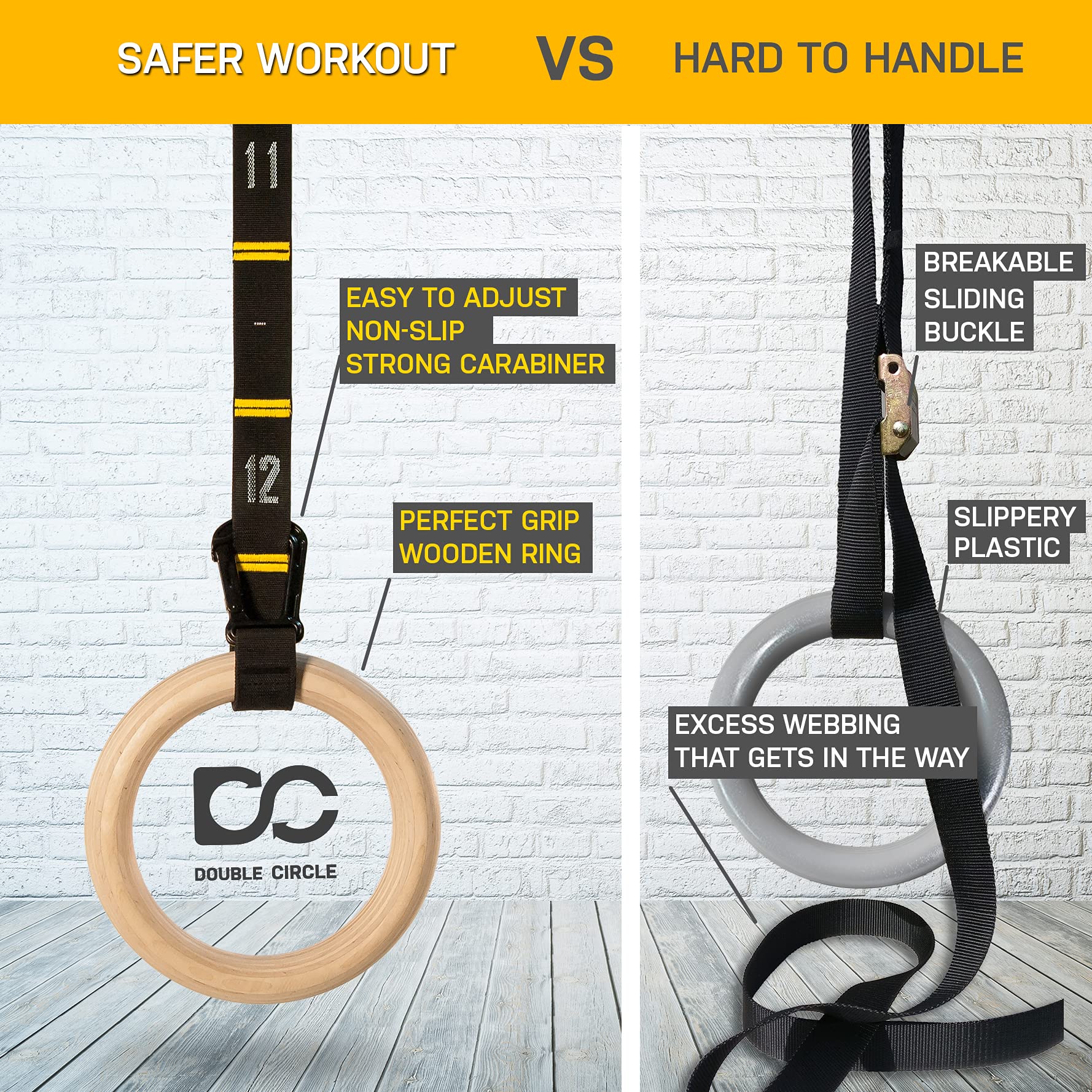 Double Circle Wood Gymnastic Rings 1.25 Inch, With Quick Adjust Numbered Straps And Exercise Videos Guide For Full Body Workout,