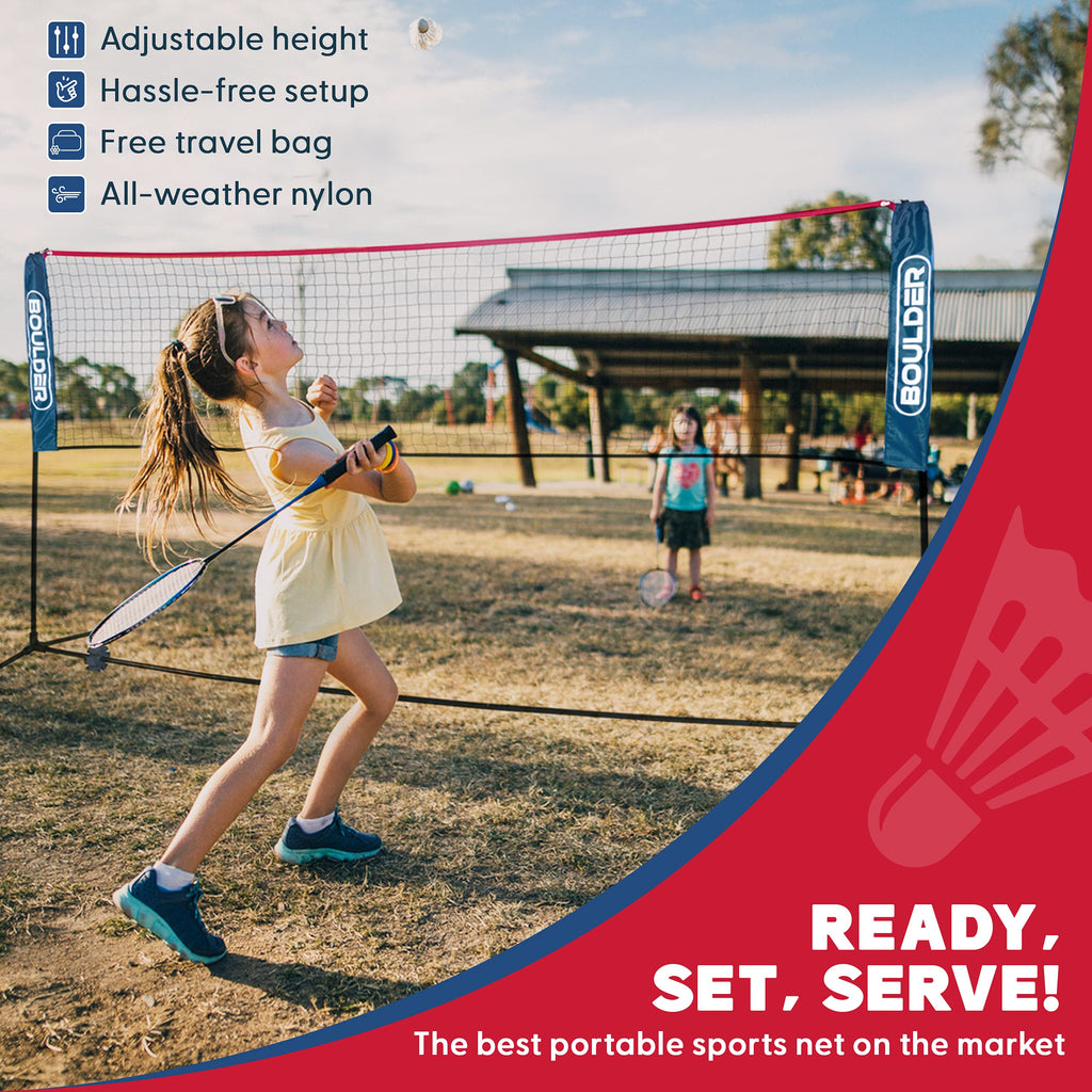 Boulder Portable Badminton Pickleball Net - Foldable/Extendable Poles for Multiple Sports Heights (UP to 5 ft) - Ideal for Tenni