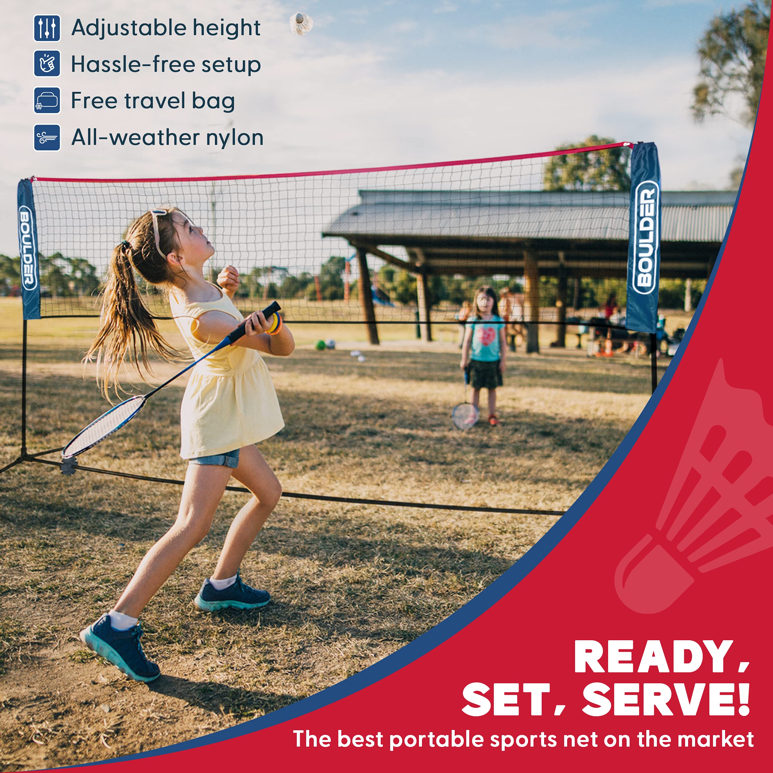 Boulder Portable Badminton Pickleball Net - Foldable/Extendable Poles for Multiple Sports Heights (UP to 5 ft) - Ideal for Tenni