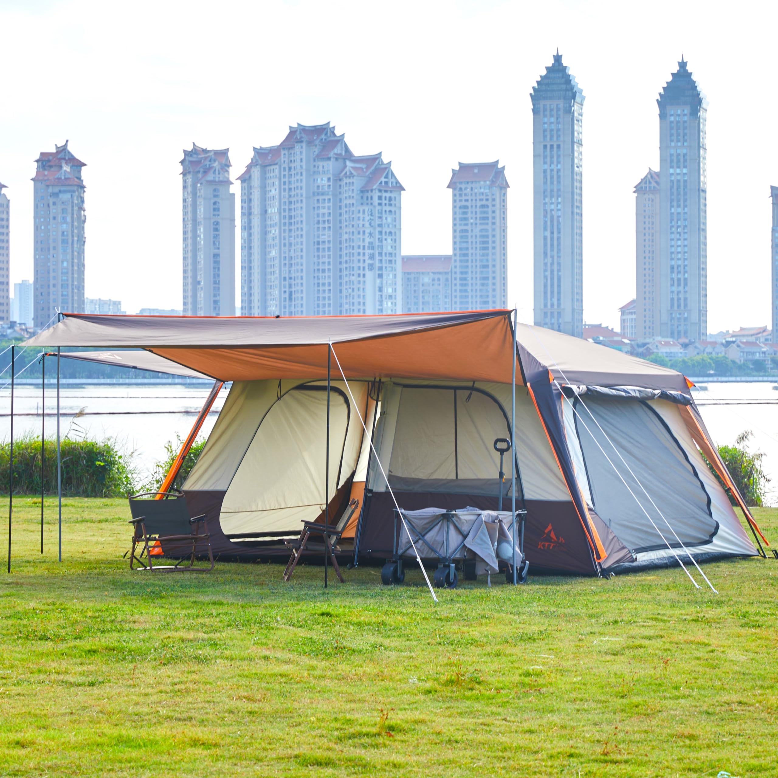 Ktt Extra Large Tent 12 Person,Awning Family Cabin Tents,2 Rooms,3 Doors And 3 Windows With Mesh,Straight Wall,Waterproof,Double