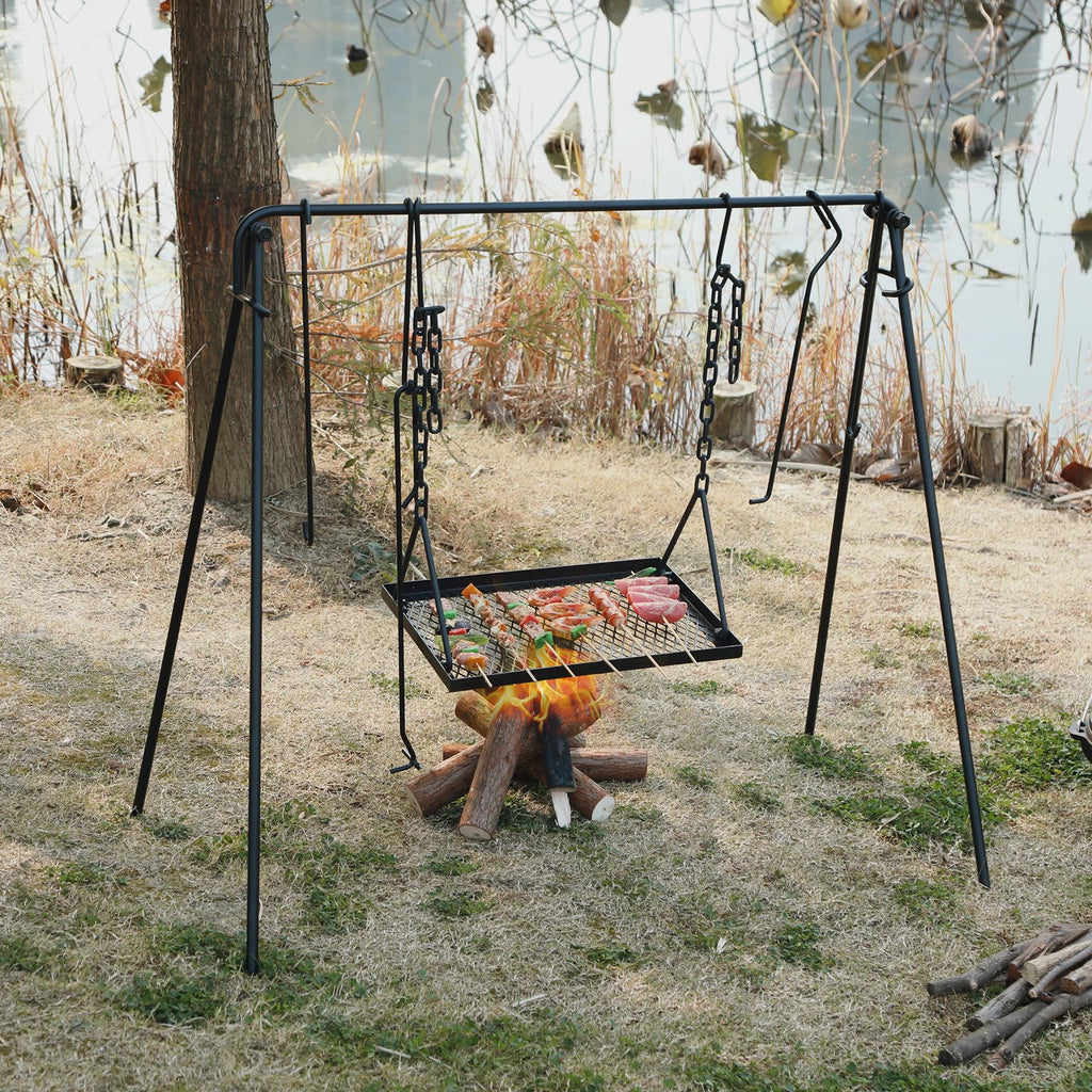 Redcamp Campfire Swing Grill Stand, Portable Hanging Cooking Grill Rack With Dutch Oven Lid Lifter & Hooks For Outdoor Bbq Picni
