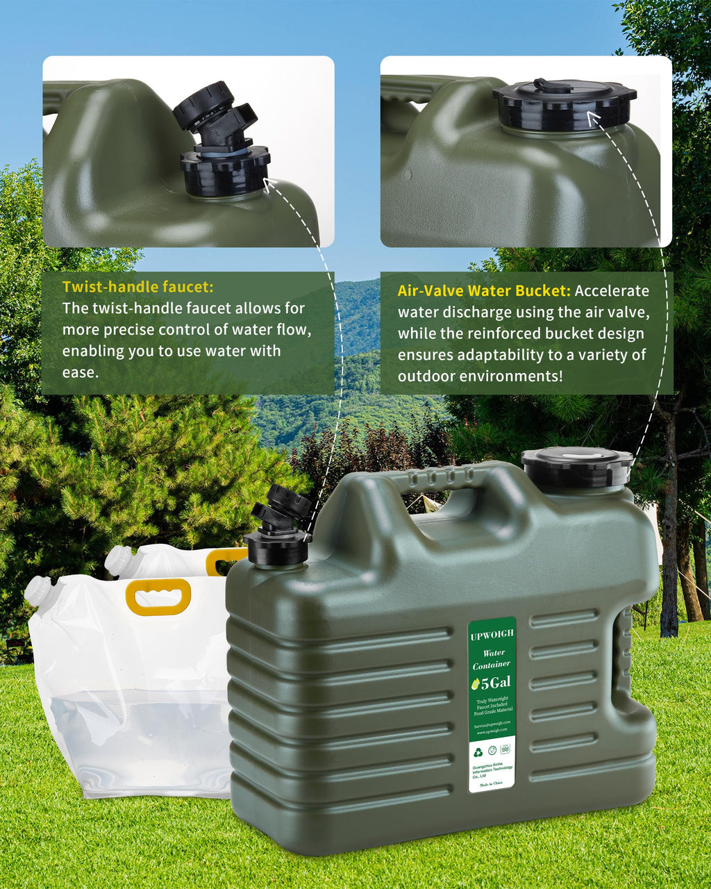 5 Gallon Water Jug And 2.6Gal Collapsible Water Bag Set Of 2,Thickened Water Storage Overlanding Gear Containers, Camping Essent