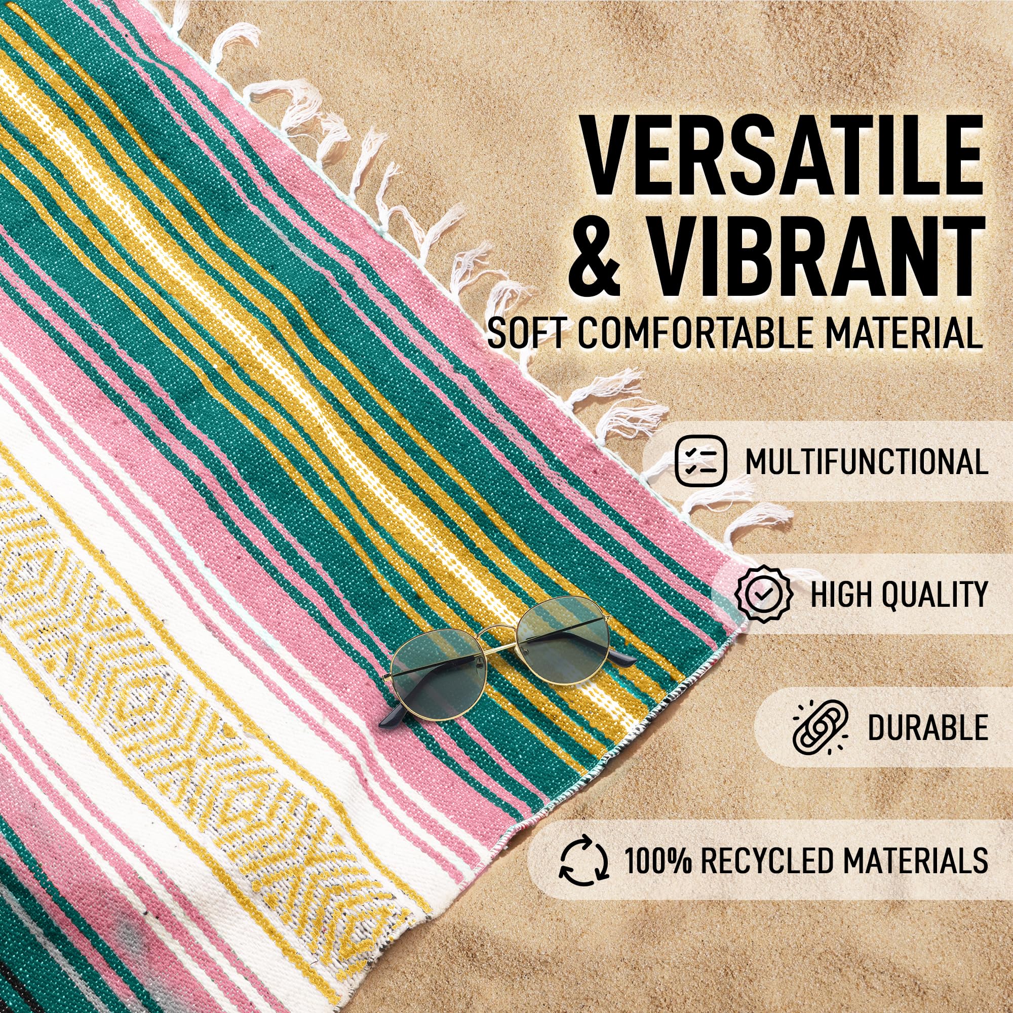 Hydration Nation Authentic Large Handwoven Mexican Striped Throw Blanket - Soft, Durable, Eco-Friendly - 70x50 - Sunshine