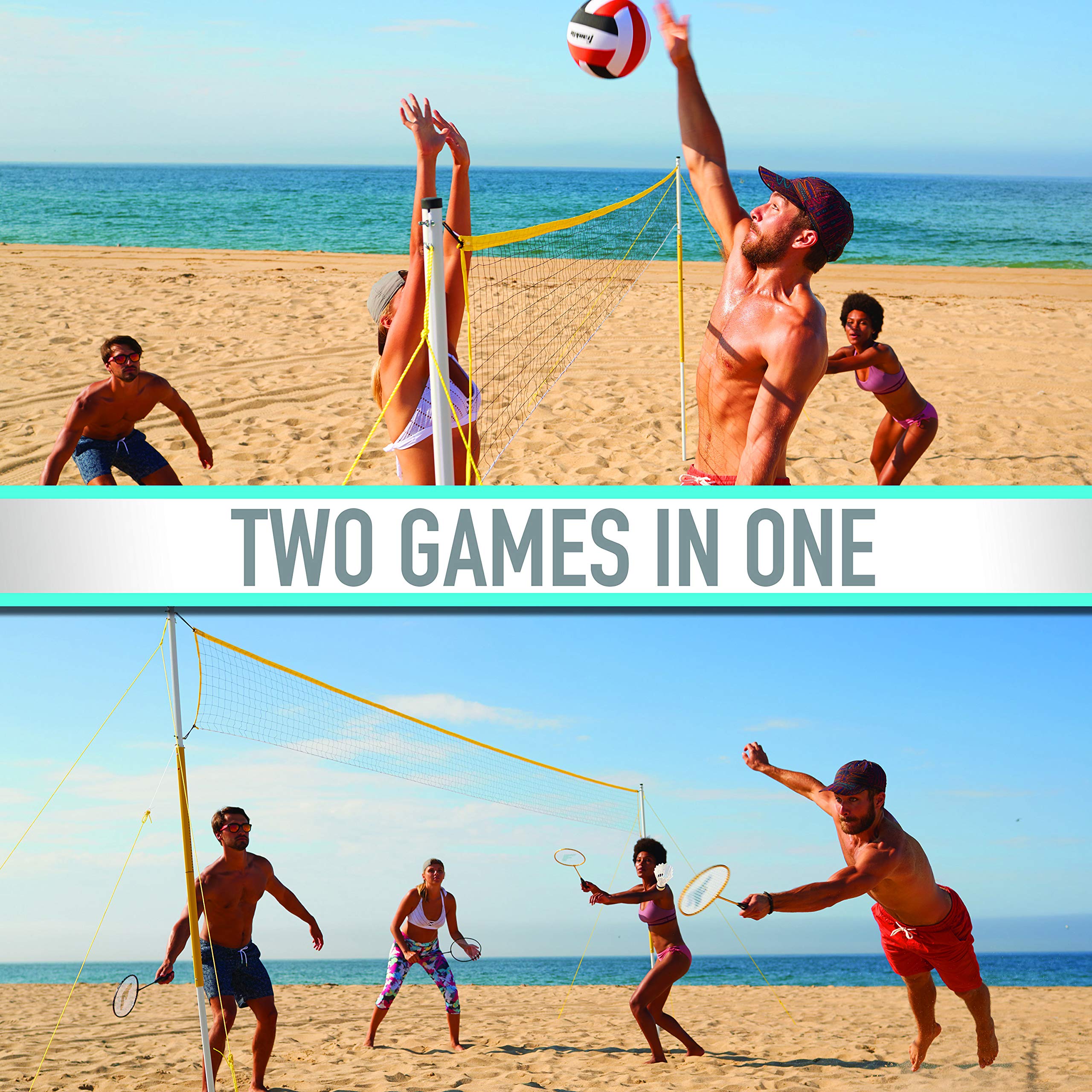 Franklin Sports Family Volleyball & Badminton Combo Set - Portable Backyard + Beach Volleyball + Badminton Net - Volleyball, Rac