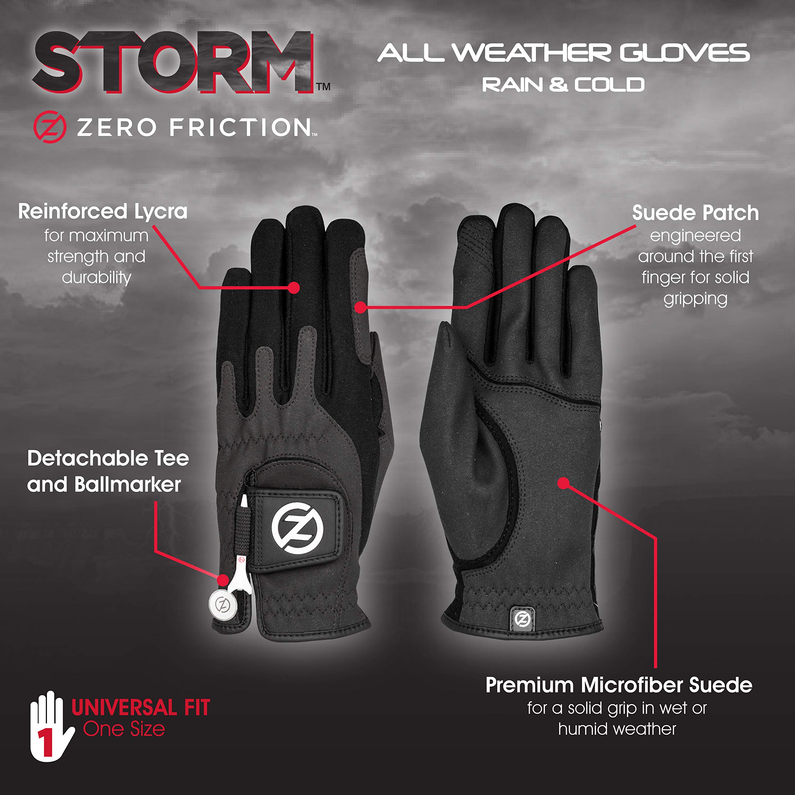 Zero Friction Womens Storm All Weather Golf Gloves, One Size, Black, Pair