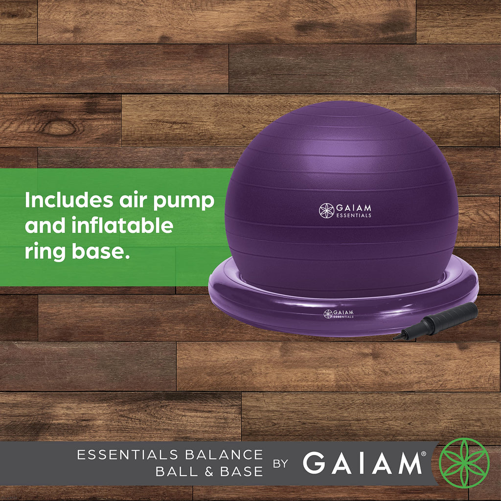 Gaiam Essentials Balance Ball & Base Kit, 65Cm Yoga Ball Chair, Exercise Ball With Inflatable Ring Base For Home Or Office Desk,