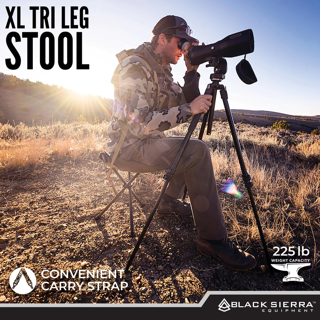 Black Sierra Folding Hunting Stool W/Shoulder Strap Supports 225 Lbs, Lightweight Collapsible Tripod Seat, Foldable Steel Frame