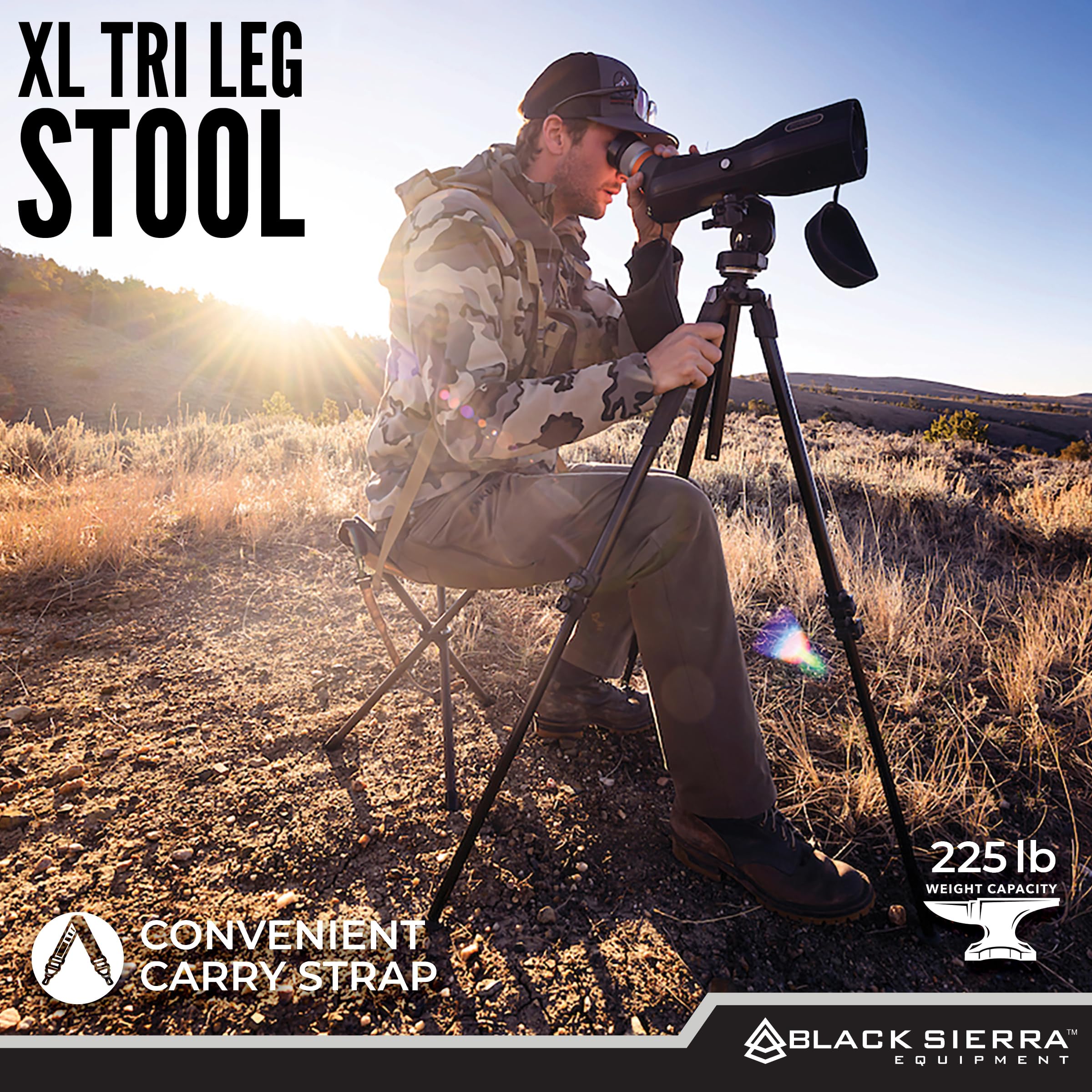 Black Sierra Folding Hunting Stool W/Shoulder Strap Supports 225 Lbs, Lightweight Collapsible Tripod Seat, Foldable Steel Frame