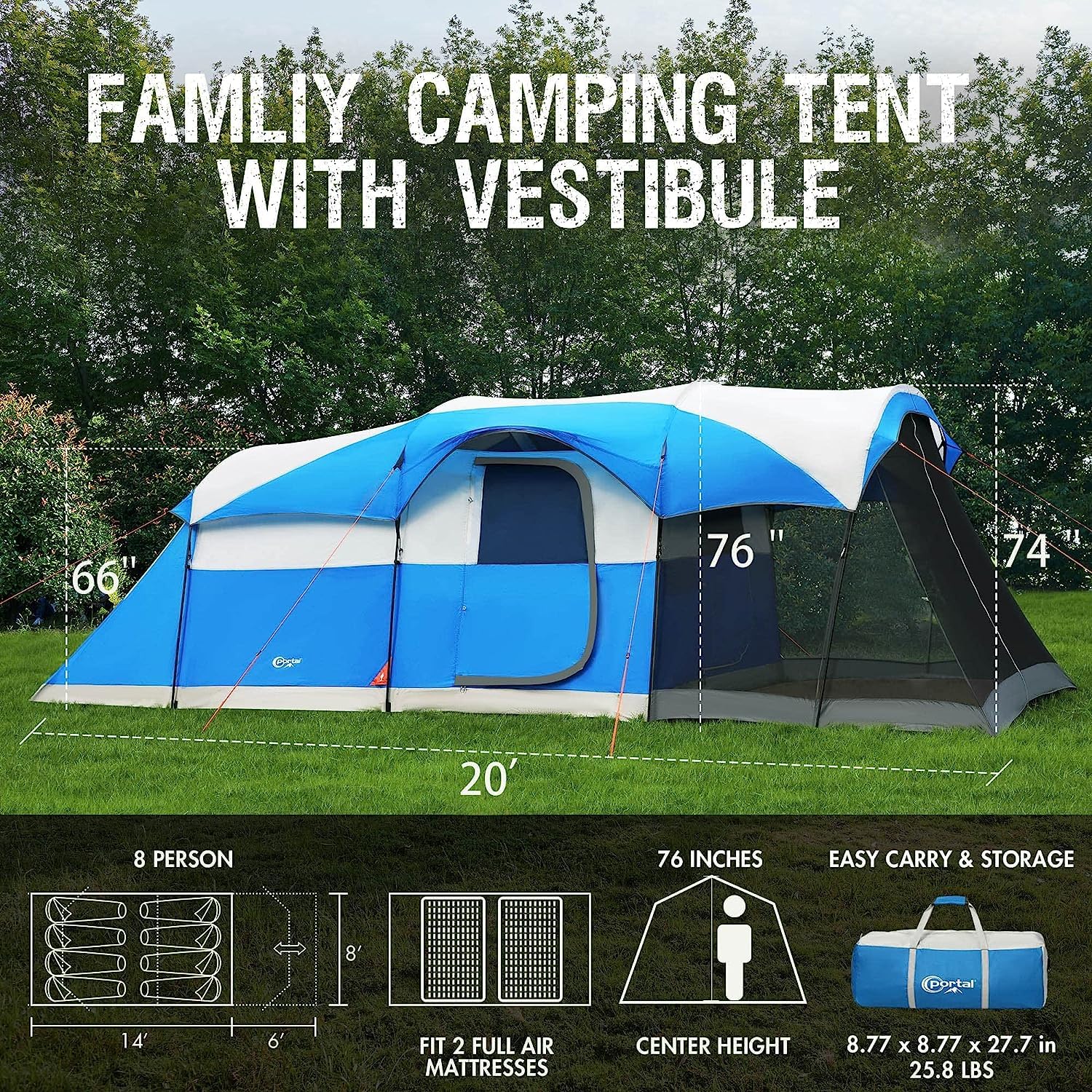 Portal 8 Person Family Camping Tent With Screen Porch, Weather Resistant Tunnel Tent With Rainfly, Large Family Tents For Outdoo