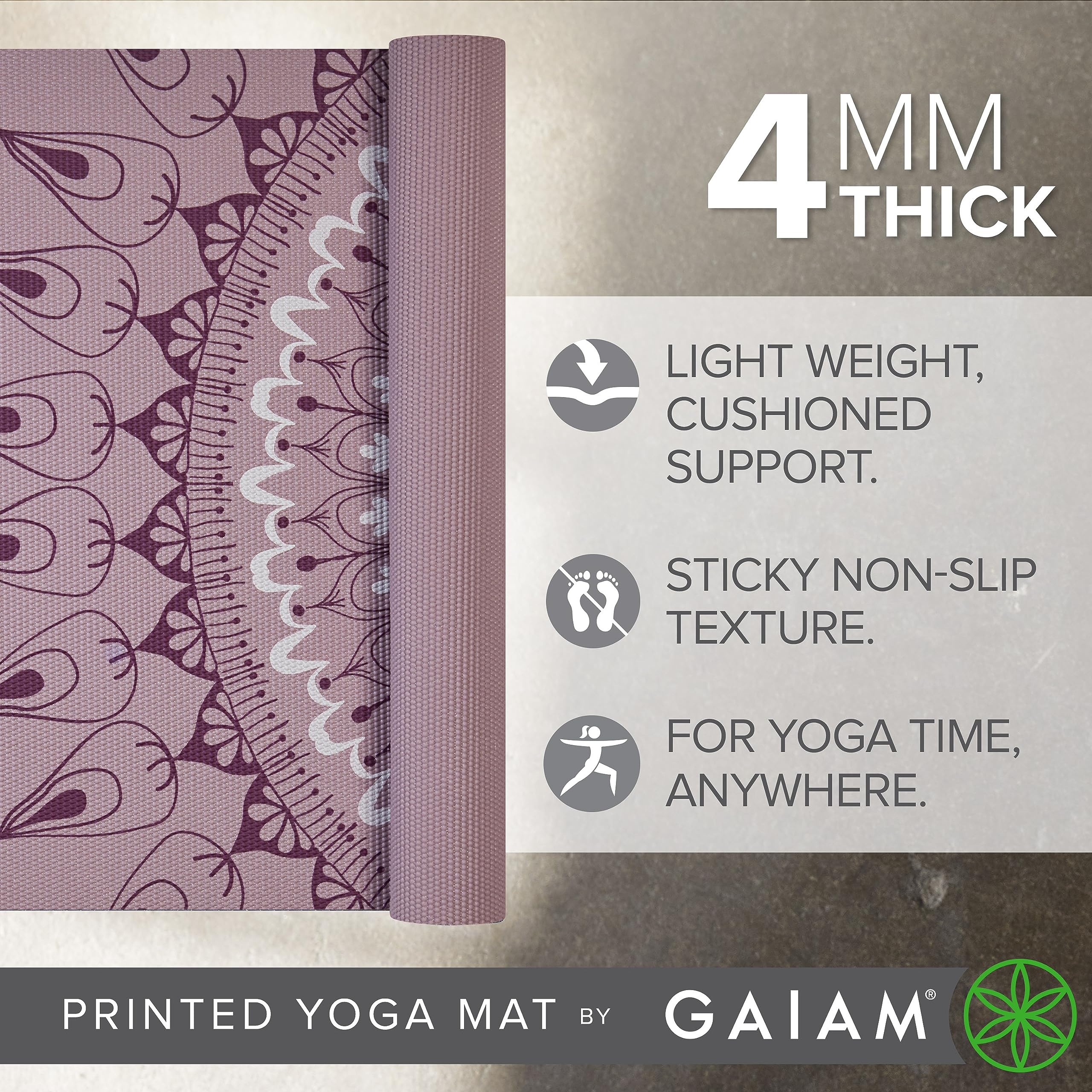 Gaiam Yoga Mat Classic Print Non Slip Exercise & Fitness Mat For All Types Of Yoga, Pilates & Floor Workouts, Here & Now Dusty R