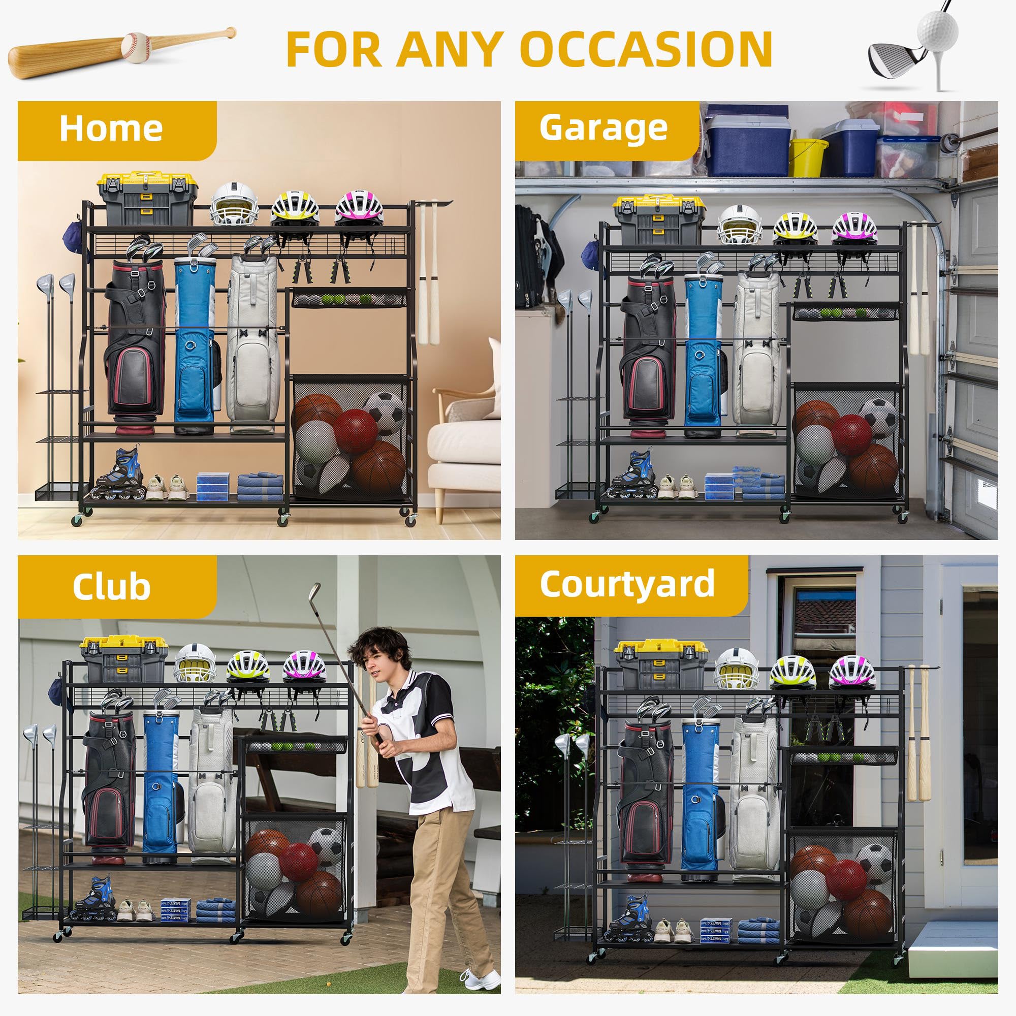 DWVO Sports Equipment Organizer, 3 Golf Bags Storage Stand with Wheels, Sport Gear Accessories Rack and Ball Organizer Bin for G