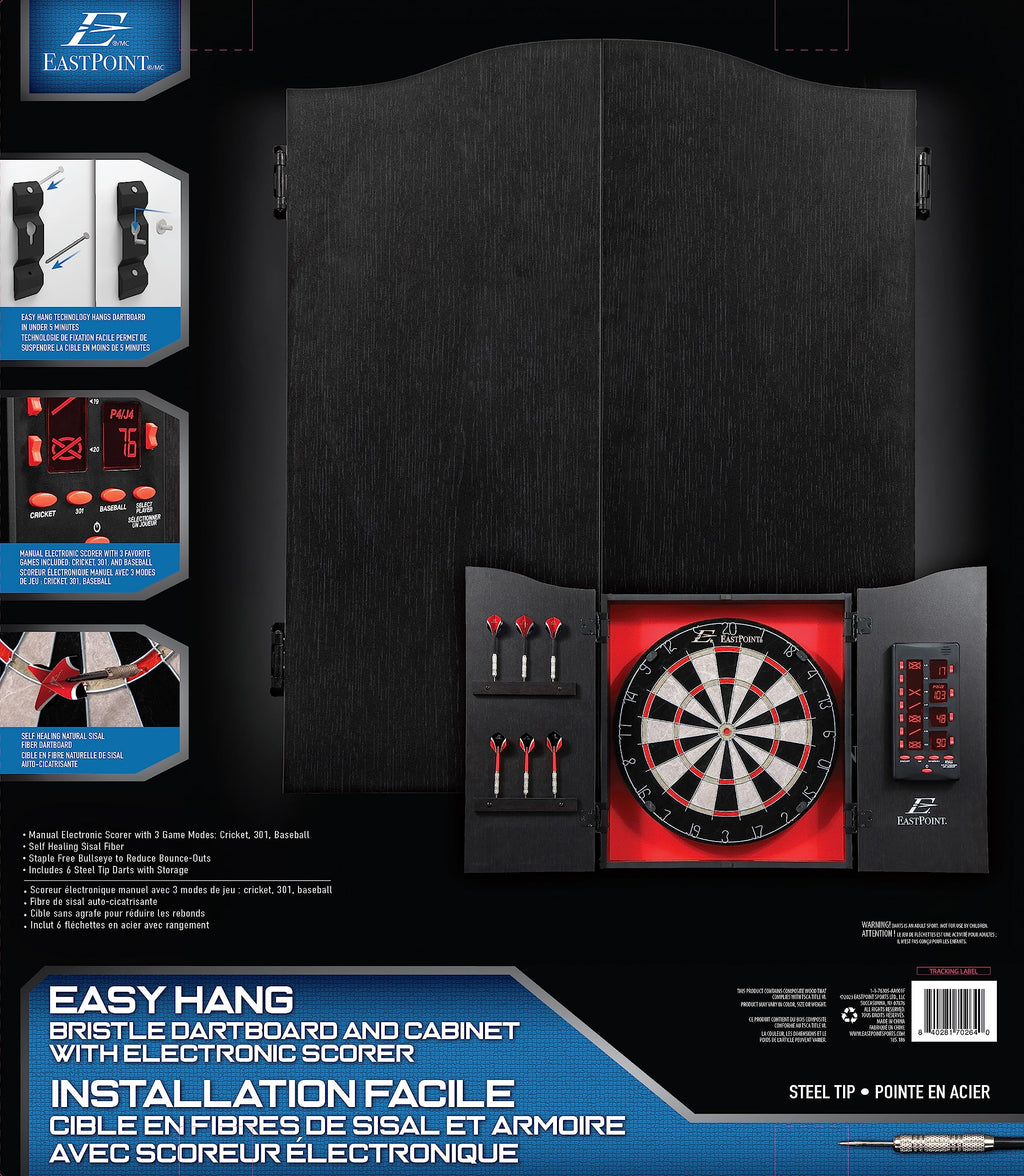Eastpoint Sports Tournament Bristle Dartboard And Easy Hang Cabinet With Electronic Scoreboard And 6 Steel Tip Darts