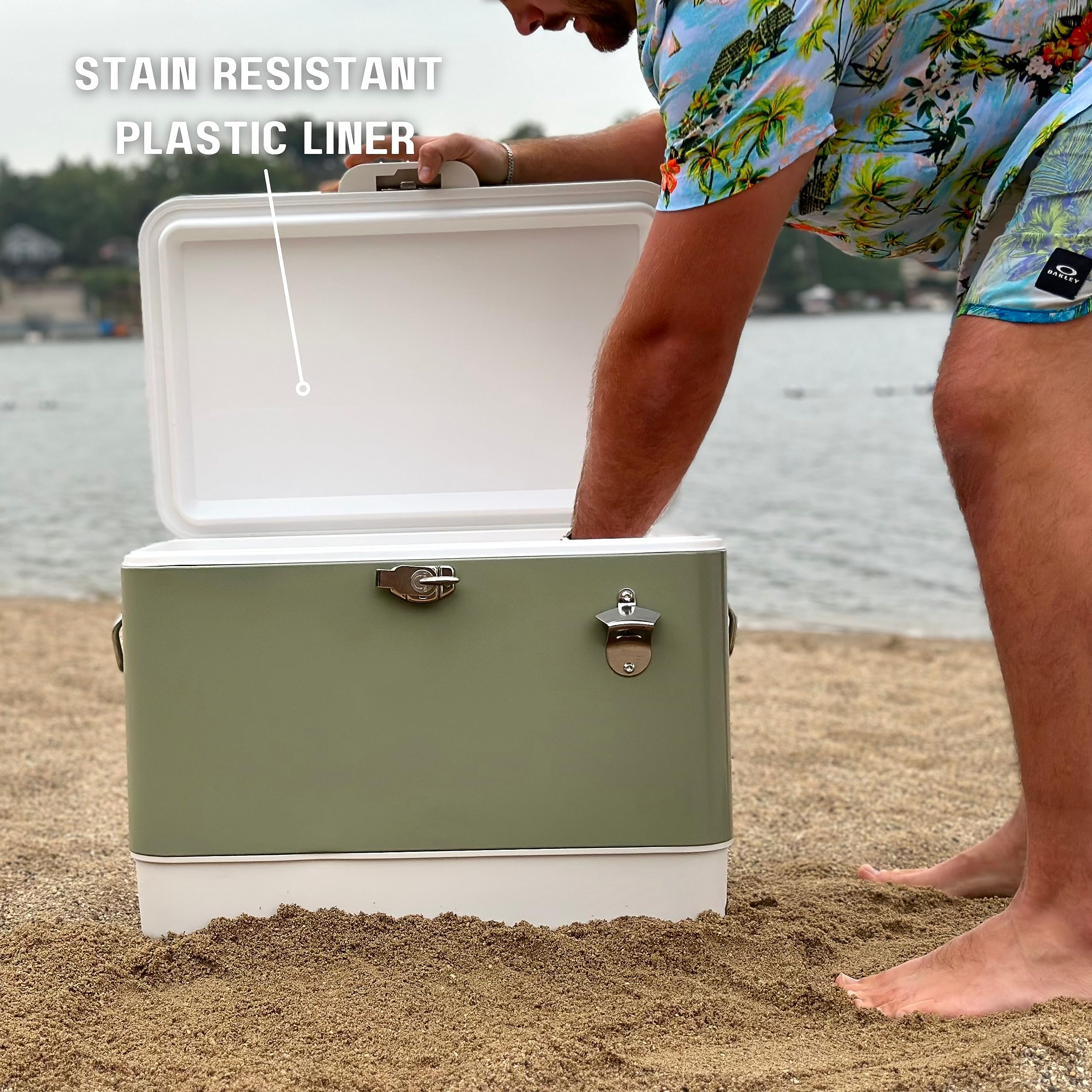 FSE Retro Metal Cooler, 80 Can/54 Qt. Capacity, Hard-Sided, Two Tone, Holds Up to 80 Beverage Cans, Metal Construction with Plas