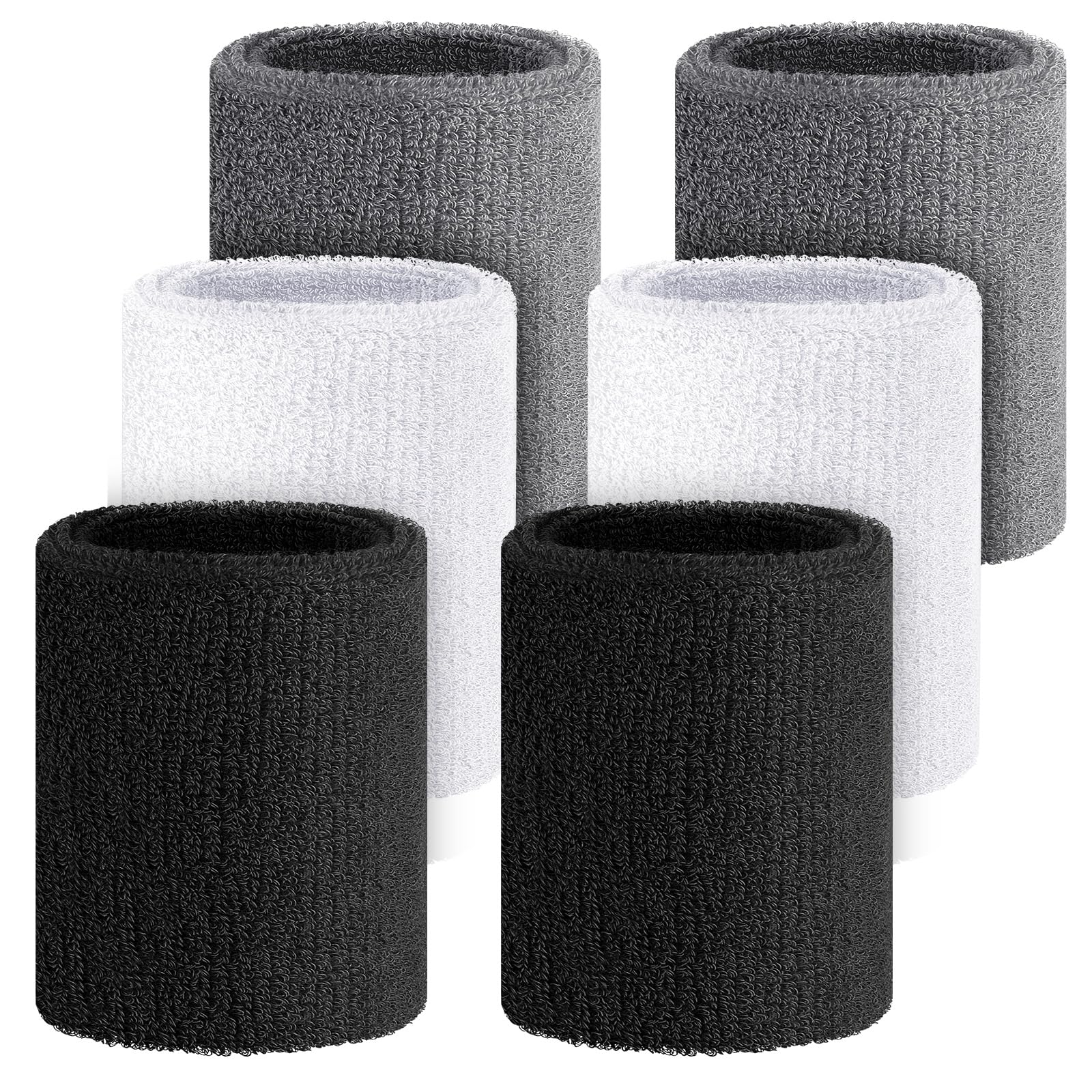 Wettarn 6 Pcs 4 Inch Cotton Elastic Arm Sweatbands - Black, White, Gray (Hiking, Cycling, Tennis, Gymnastics, Basketball, Footba