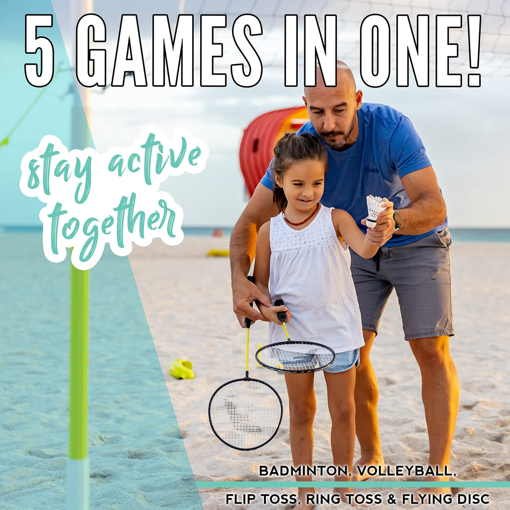 Franklin Sports Fun 5 Combo Outdoor Game Set - Backyard, Beach + Camping Games For Kids - Badminton, Volleyball, Flip Toss, Flyi