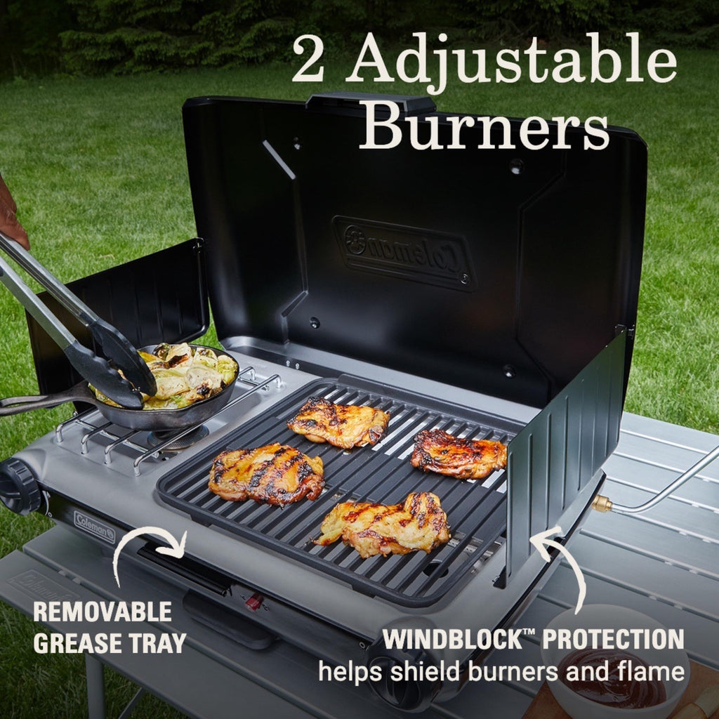 Coleman Tabletop 2-In-1 Grill & Stove With 2 Adjustable Burners, Propane Grill/Stove With Push-Button Starter, Wind Guards, Grea