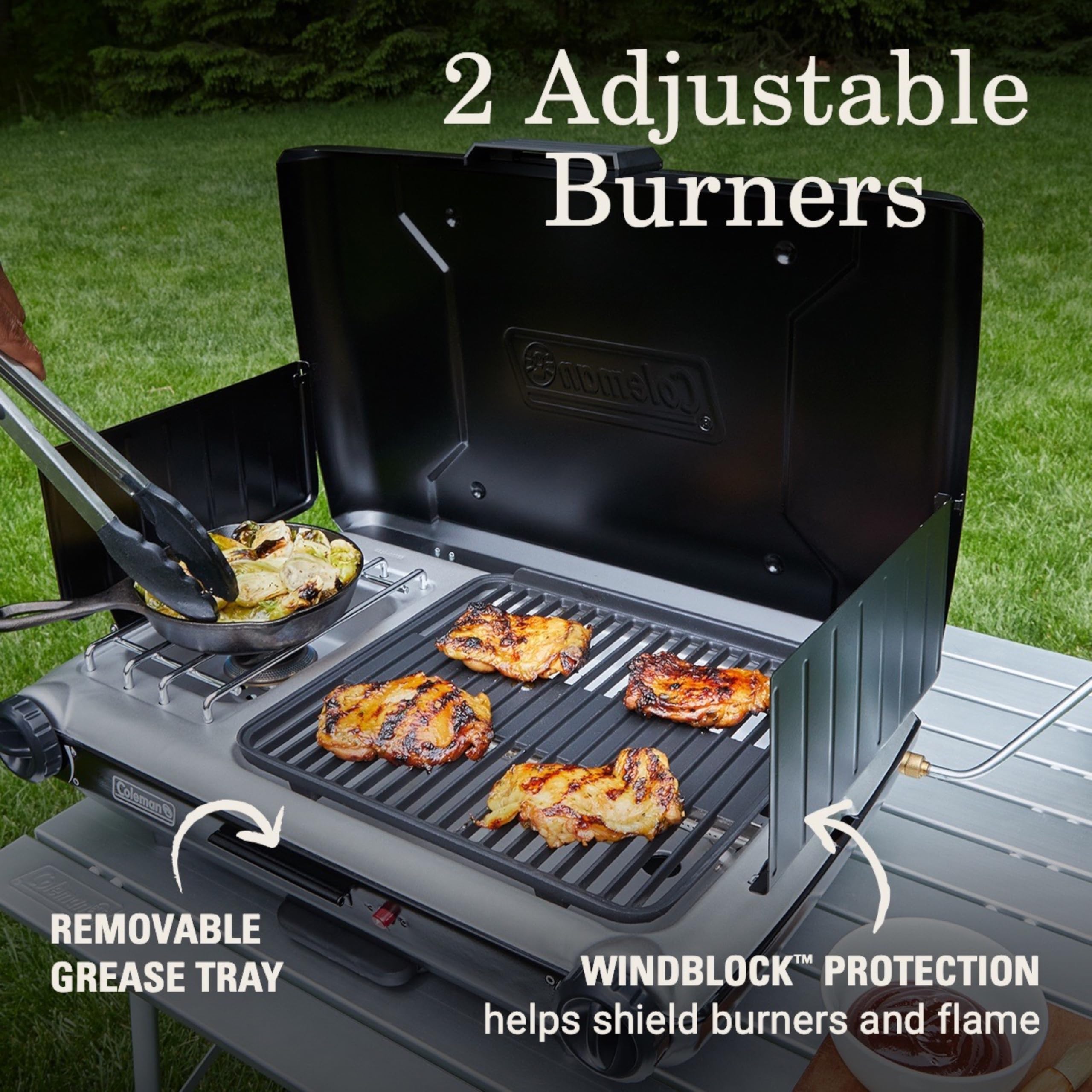 Coleman Tabletop 2-In-1 Grill & Stove With 2 Adjustable Burners, Propane Grill/Stove With Push-Button Starter, Wind Guards, Grea