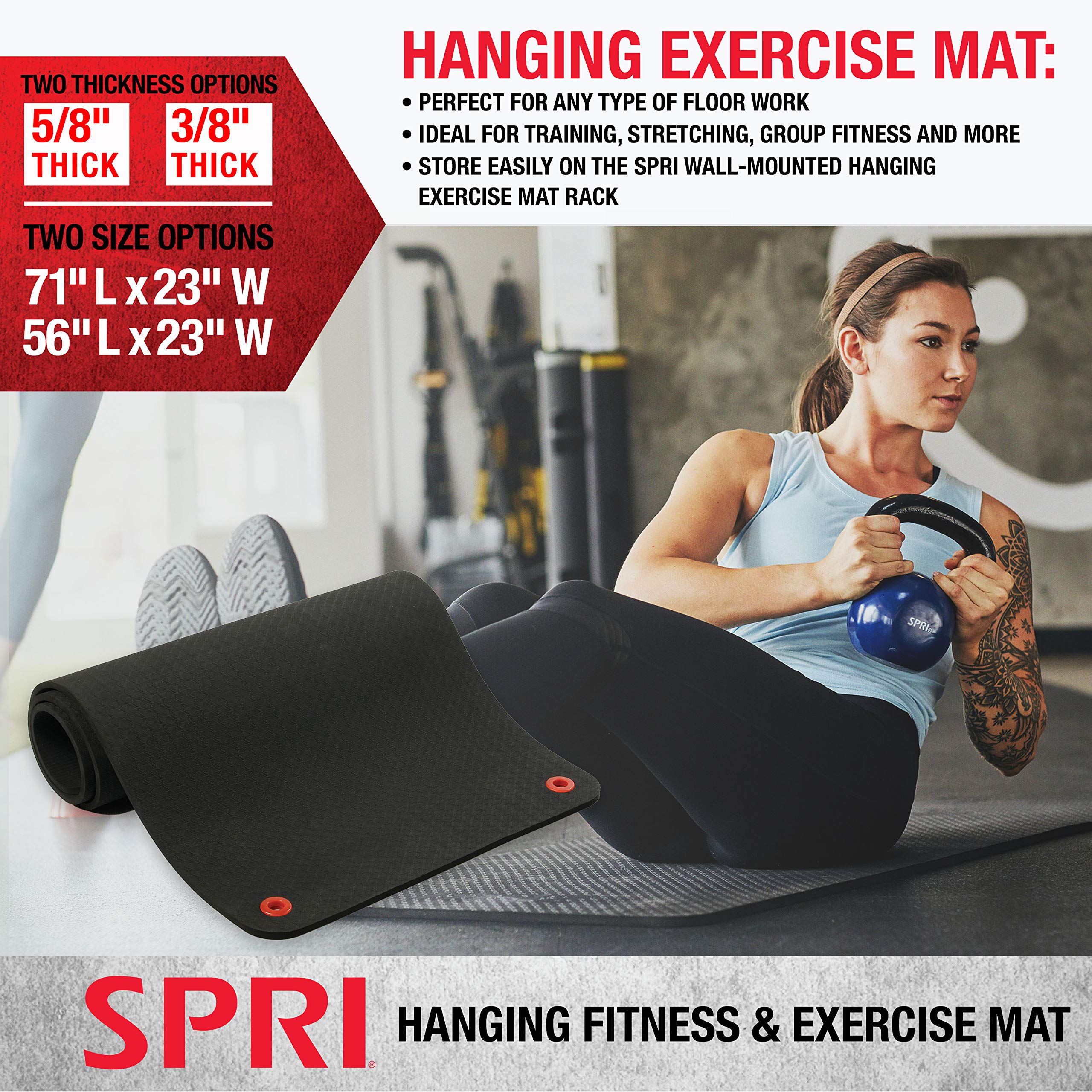 Spri Hanging Exercise Mat, Fitness & Yoga Mat For Group Fitness Classes, Commercial Grade Quality With Reinforced Holes, 56'' L