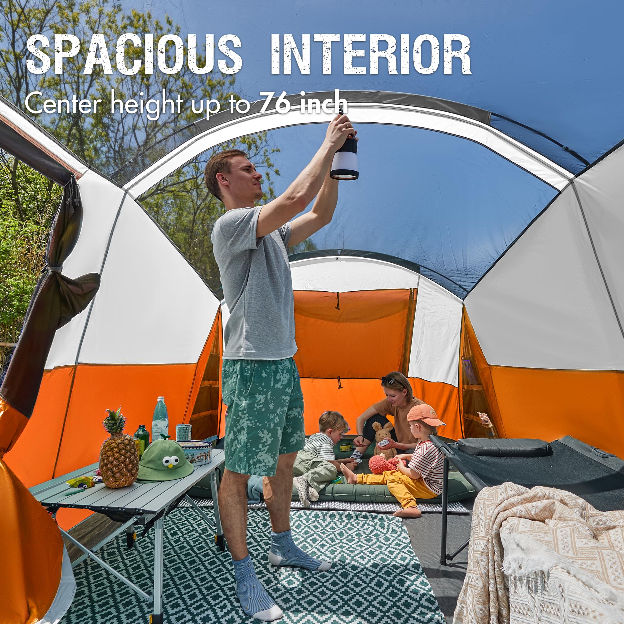 Portal 8 Person Family Tent For Camping With Screen Porch, Waterproof Large Camping Tent With Rainfly, Big Family Tents For Outd
