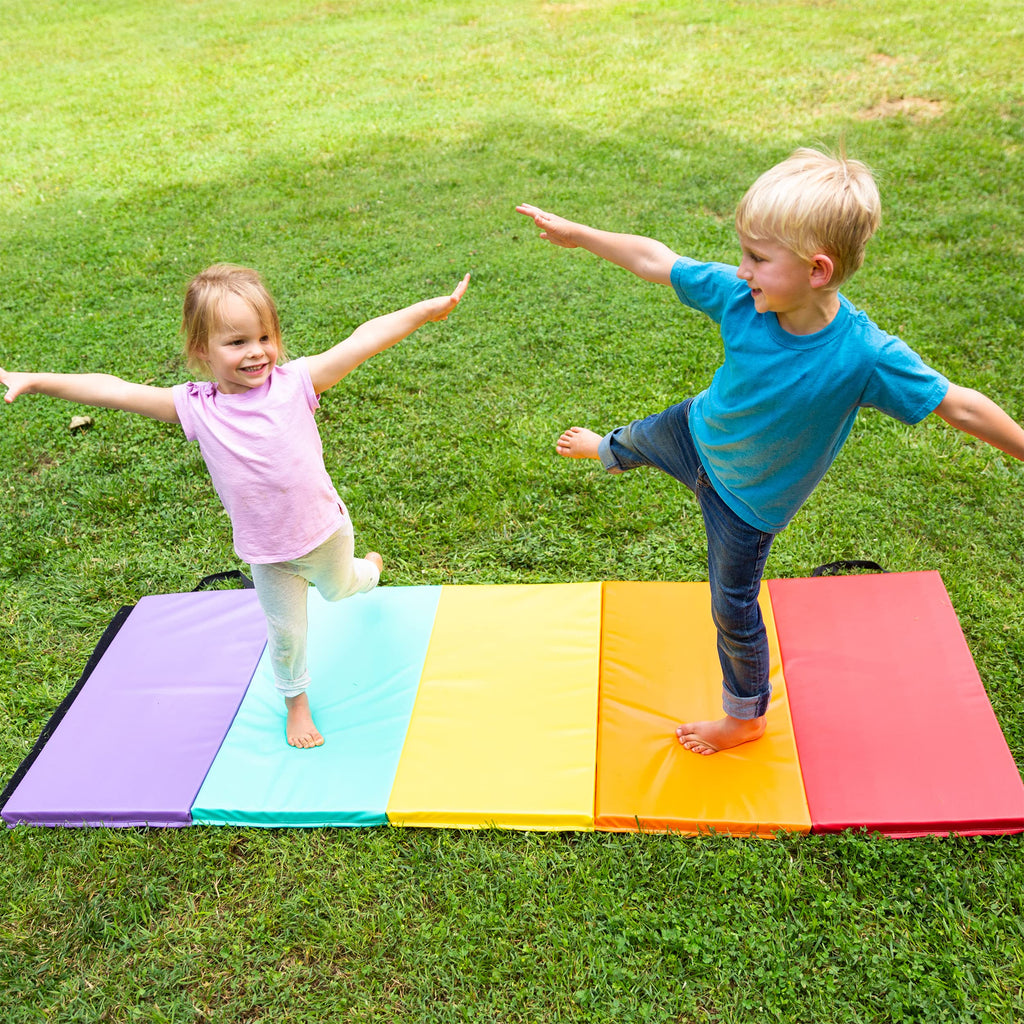 Hearthsong 5-Panel Colorful Rainbow Folding Kids Gymnastics Tumbling Mat For Active Play, With Carrying Handles, 77 Inches Long