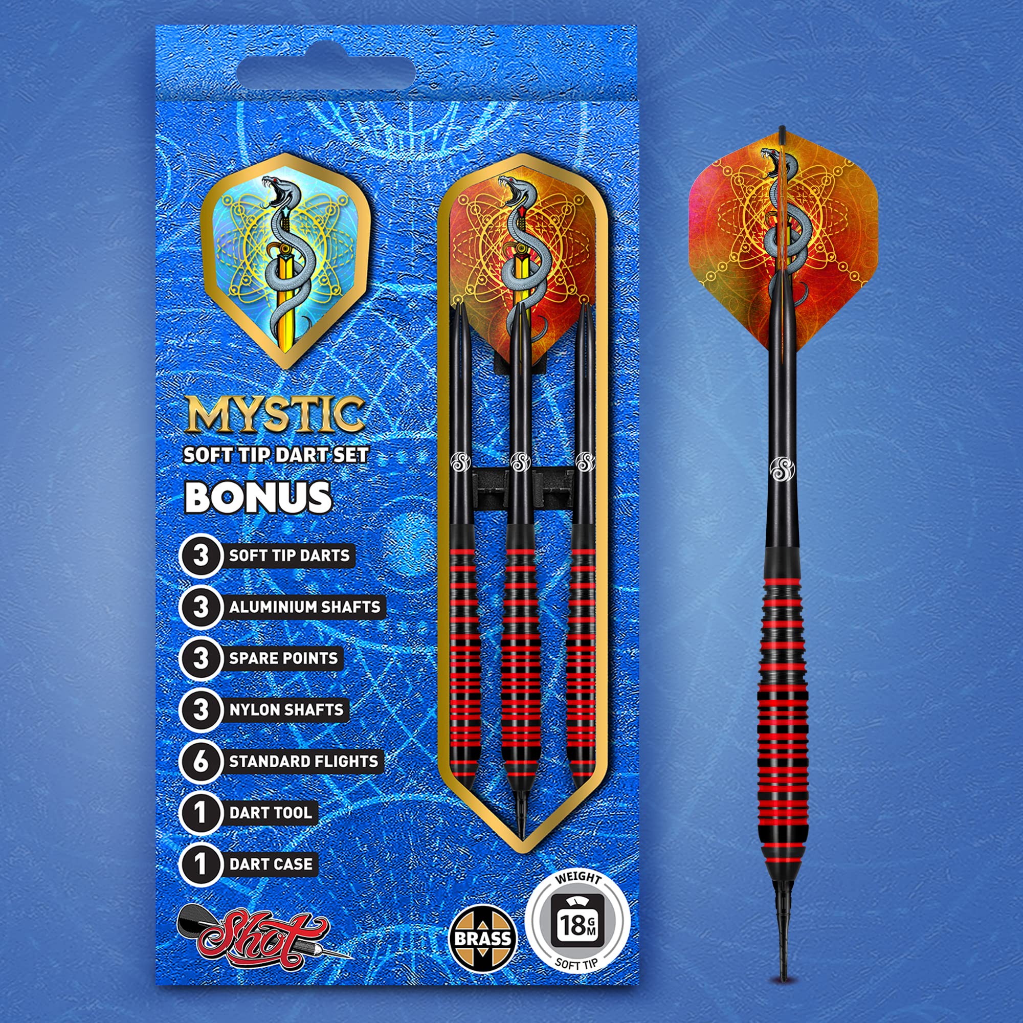 Shot! Darts Mystic Red-Soft Tip Dart Set-18Gm-Centre Weighted-Colour Plated Brass Barrels