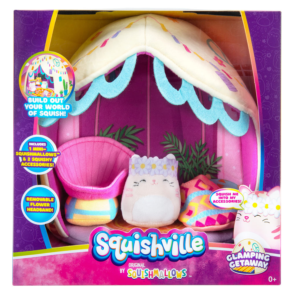 Squishville By Original Squishmallows Deluxe Glamping Playscene - Includes 2-Inch Paulita The Pink Tabby Cat, Bucket Chair, Slee
