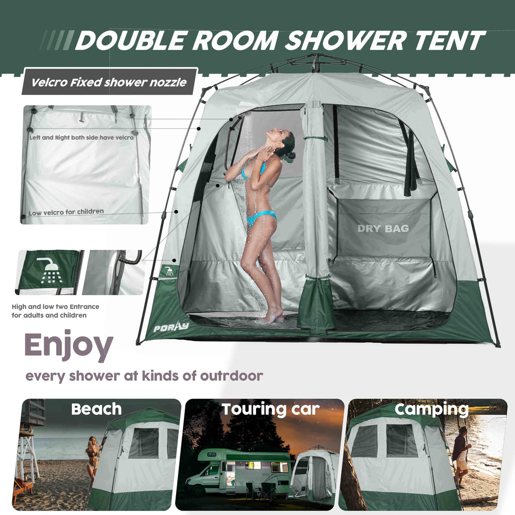 Portable Camping Shower Tent Deluxe Changing Room Easy Set Up Privacy Shelter,Large Toilet Tent 2 Rooms With Floor Drain Design