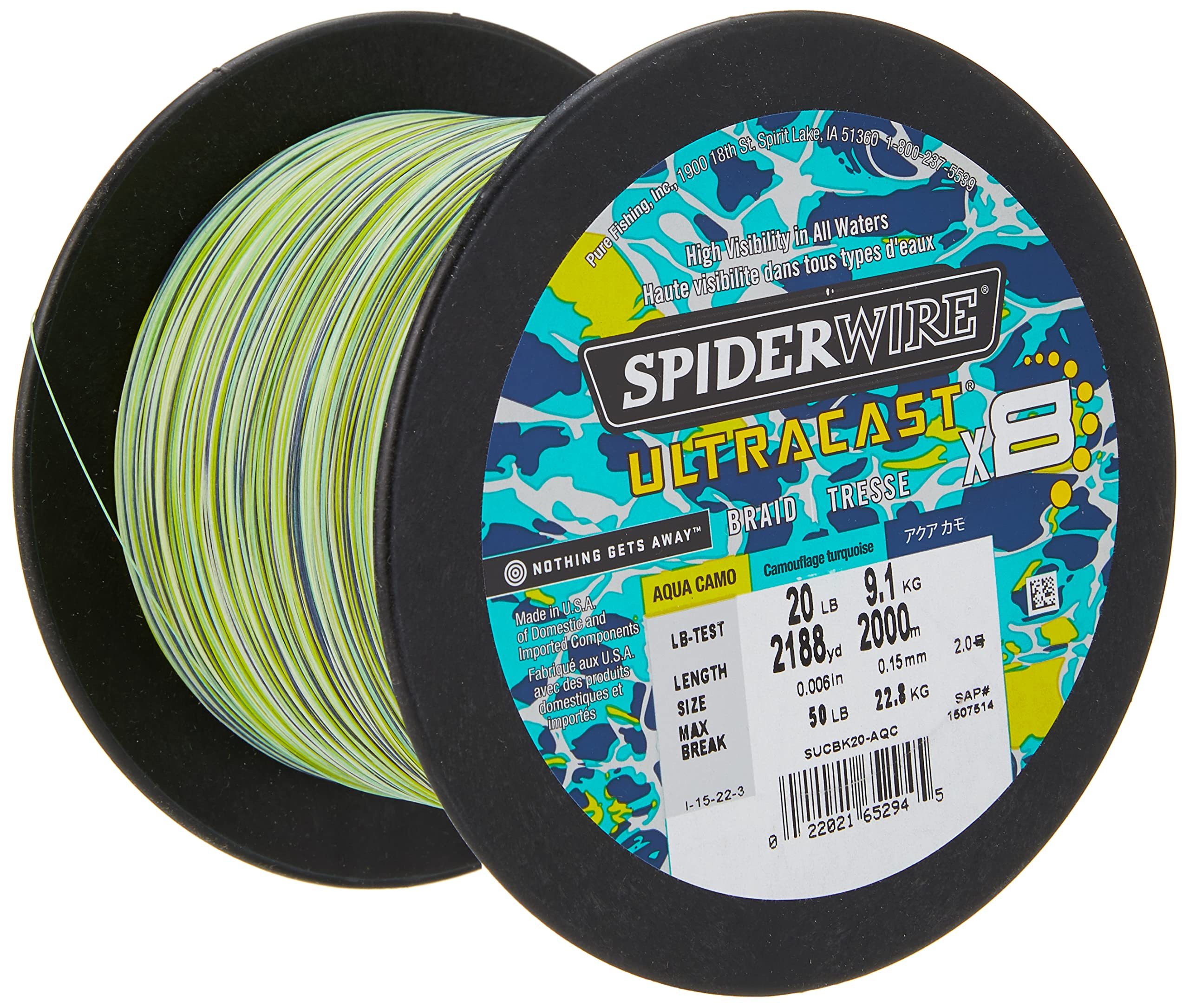 Spiderwire Superline Ultracast Braid, Aqua Camo, 50Lb | 22.6Kg, 2188Yd | 2000M Fishing Line