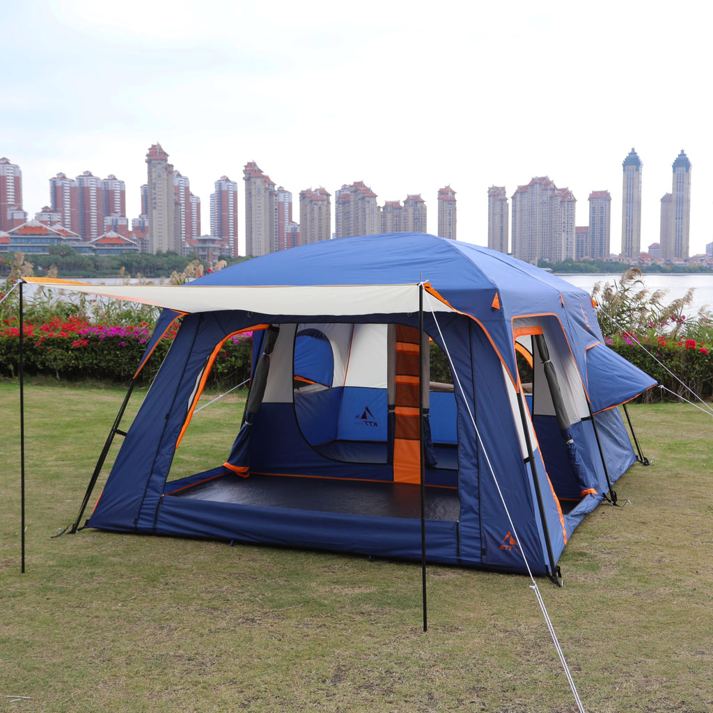 Ktt Extra Large Tent 12 Person,2 Bay-Windows,Family Cabin Tents,14'Lx10'Wx6.58'H,2 Rooms And 3 Doors 3 Windows With Mesh,Waterpr