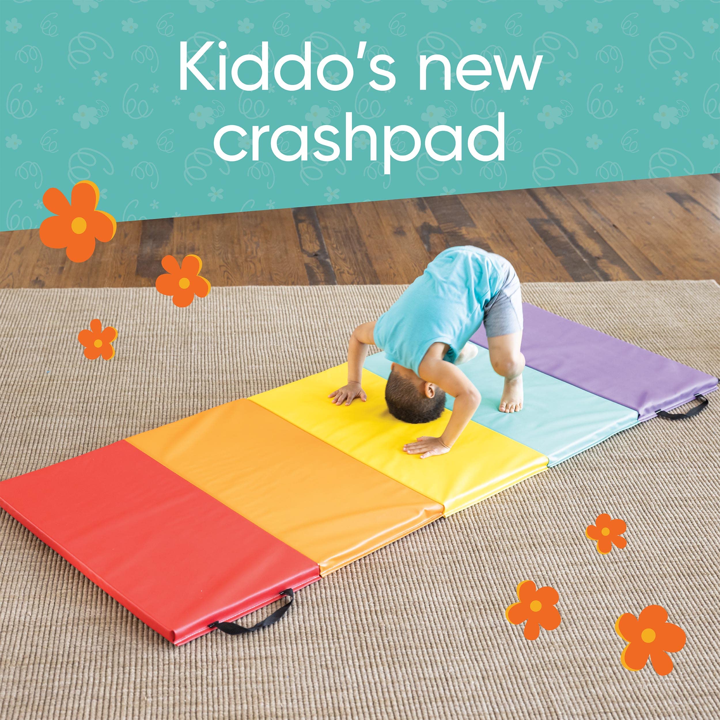 Hearthsong 5-Panel Colorful Rainbow Folding Kids Gymnastics Tumbling Mat For Active Play, With Carrying Handles, 77 Inches Long