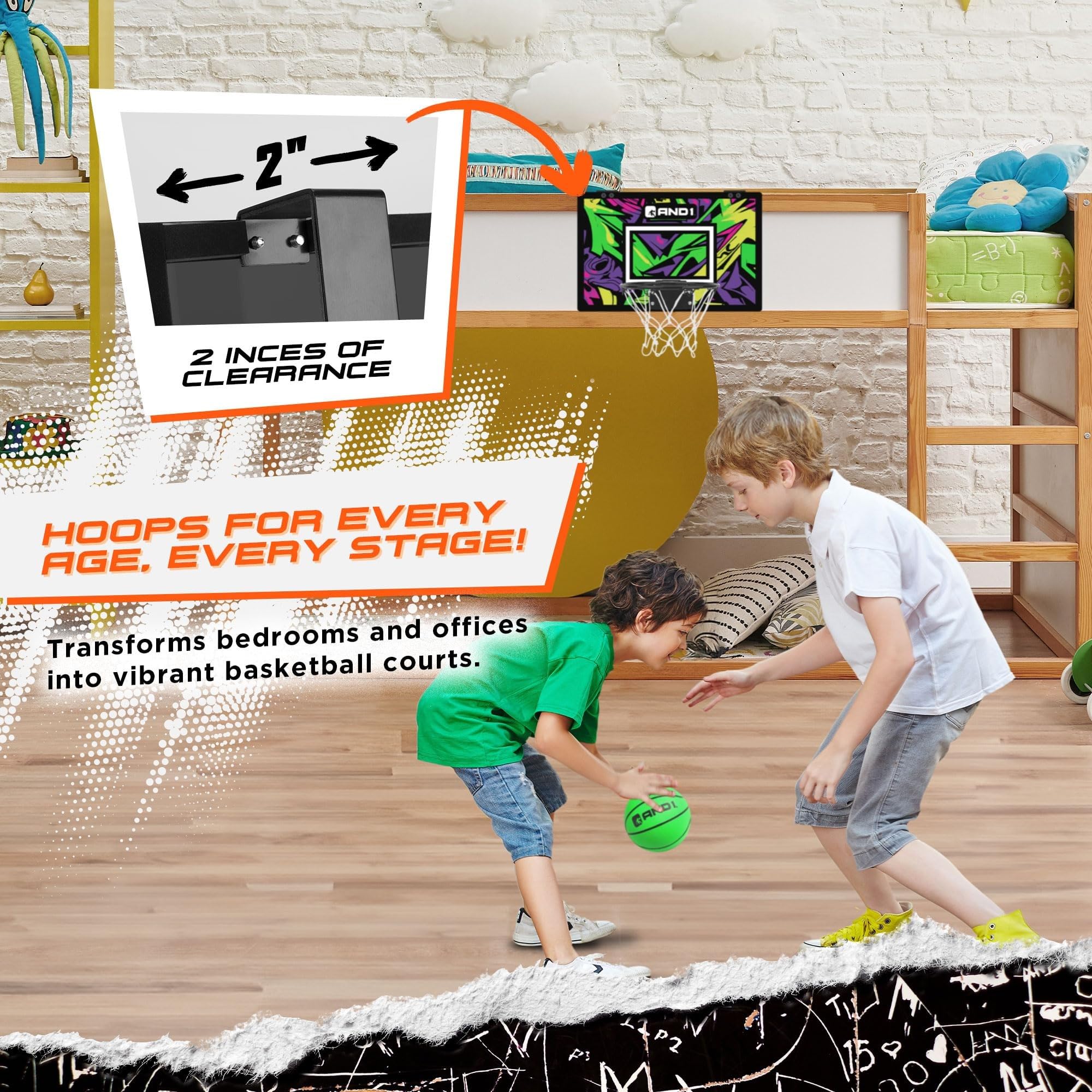 AND1 Over The Door Mini Basketball Hoop: 18x12 Shatterproof Backboard, 2 Mini Basketballs, and Hand Pump Included- Ultimate Indo
