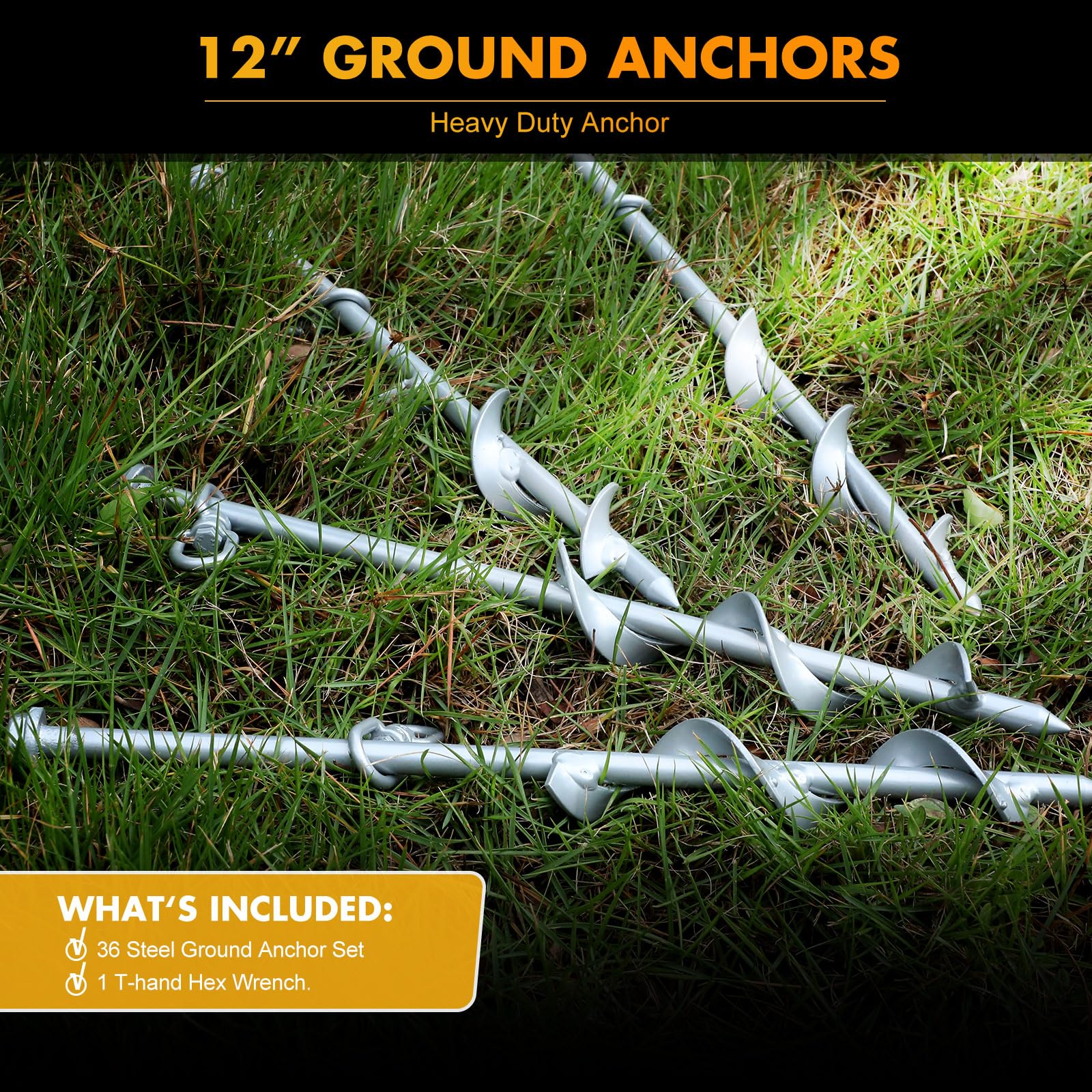 Zhengmy 36 Pcs Ground Anchors Screw In, 12 Inch Heavy Duty Tent Stakes With Trampoline Anchor Hook Ground Stakes For Camping Ten