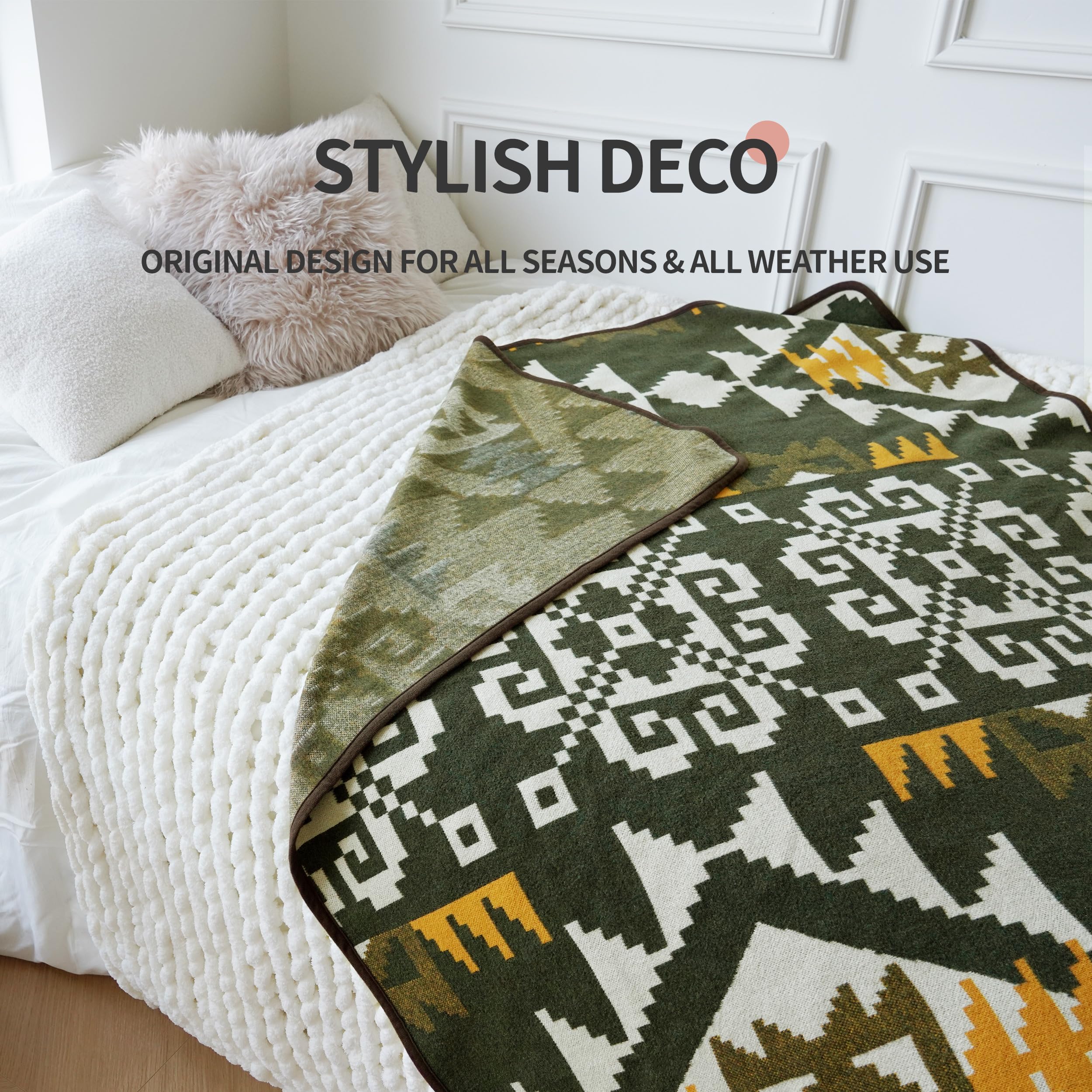 Acushla Merino Wool Camp Blanket - Warm Thick Washable Large Outdoor Camping Sleeping Throw Blanket All Weather Aztec Style 63''