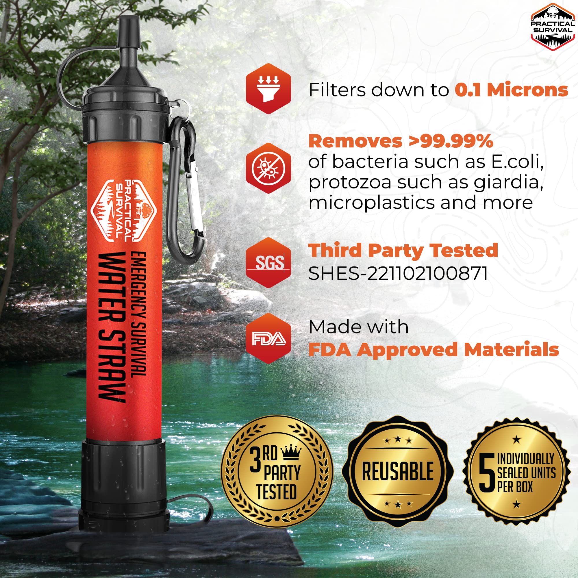 5 High Capacity Emergency Survival Water Straws - Personal Water Filter For Camping, Hiking, Travel, Biking, Survival, Emergency