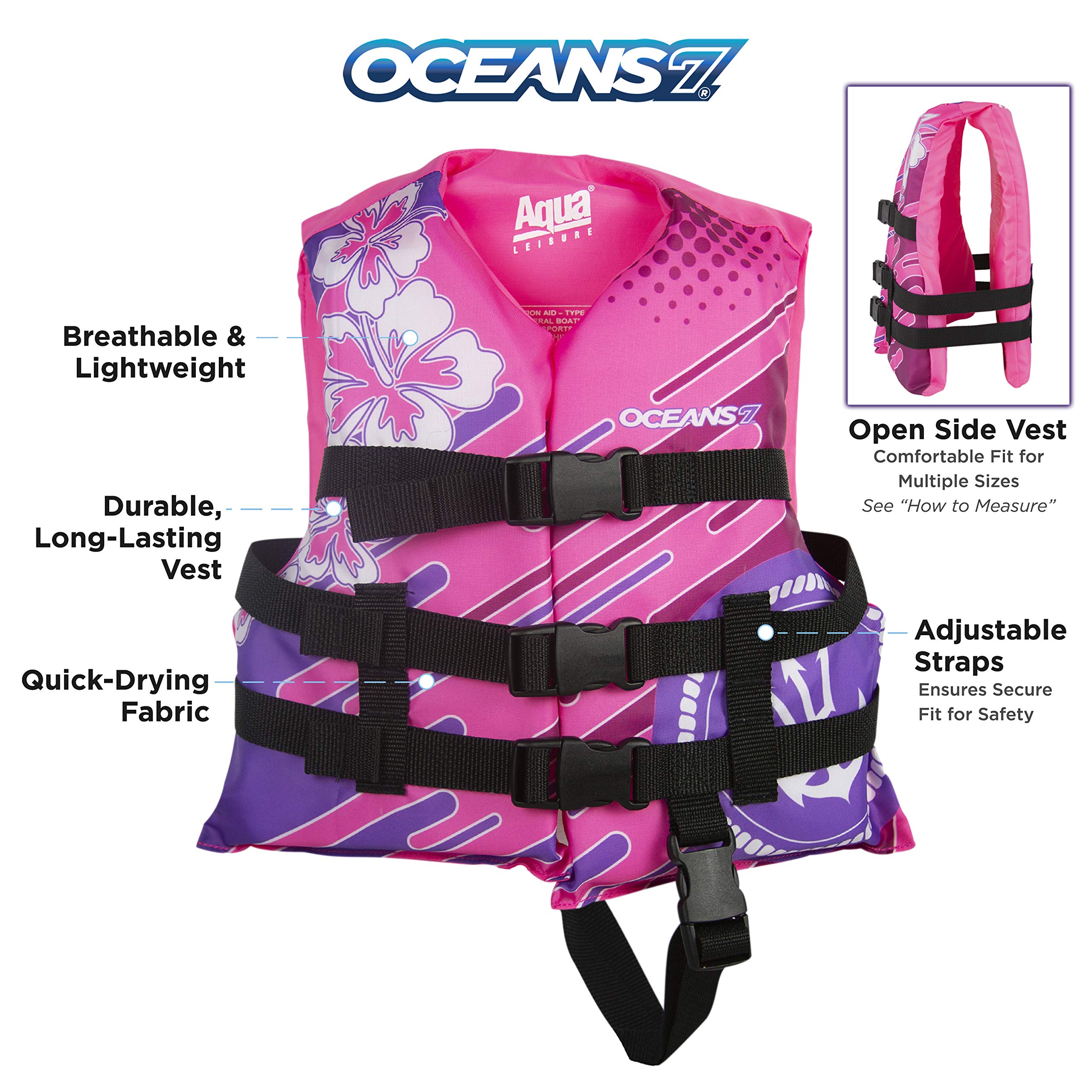 Oceans7  Us Coast Guard-Approved, Type Iii -  Kids  Life Jacket  - Personal Flotation Device With With Comfortable Flex-Form-Fit