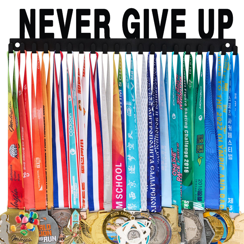 Goutoports Medal Holder Display Hanger Rack Frame for Sport Race Runner-Never Give Up - Sturdy Black Steel Metal Over 60 Medals 