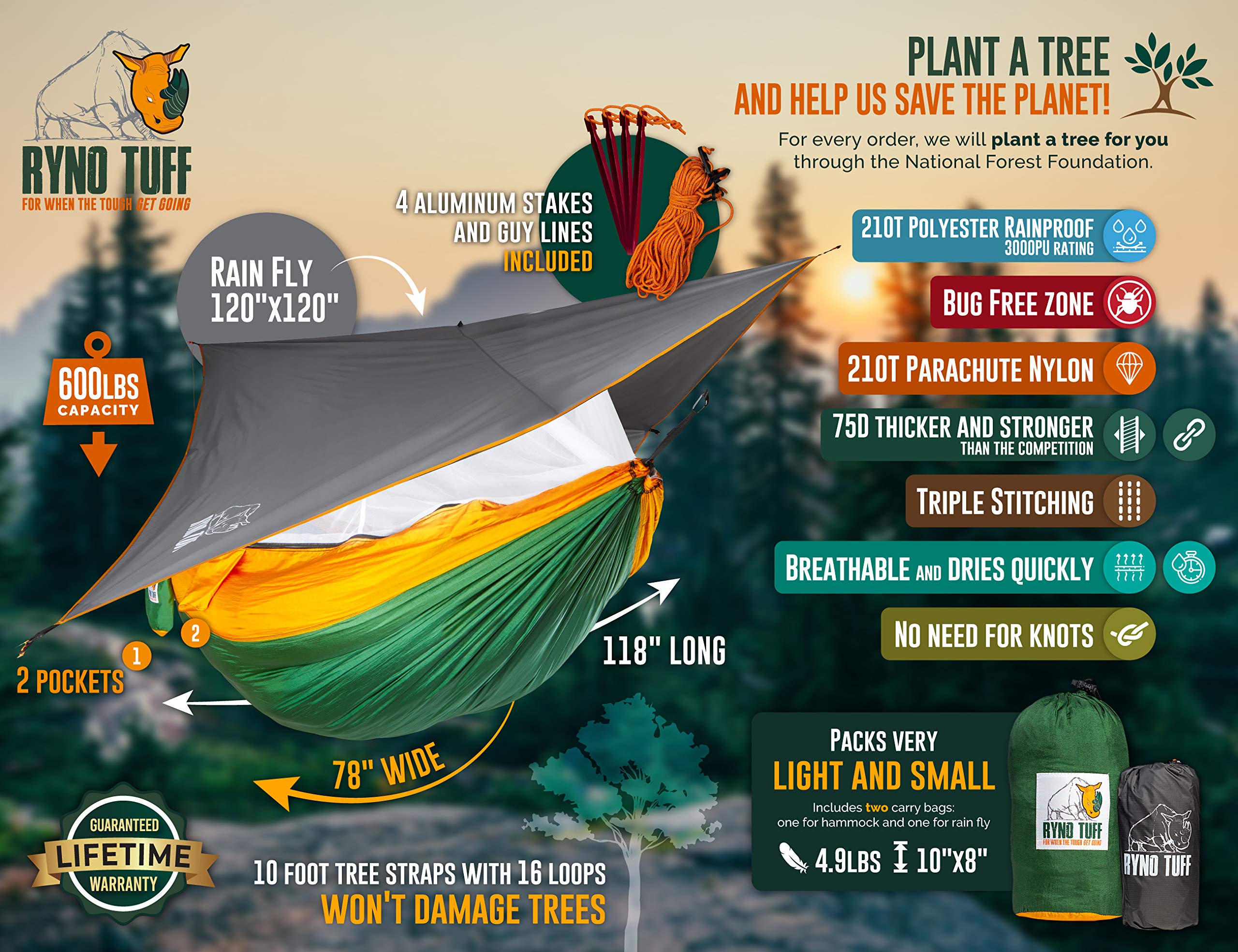 Ryno Tuff Xl 2 Person Camping Hammock With Mosquito Net & Rain Fly - Compact Double Hammock With Bug Net, Tarp, Pocket, Tree Str