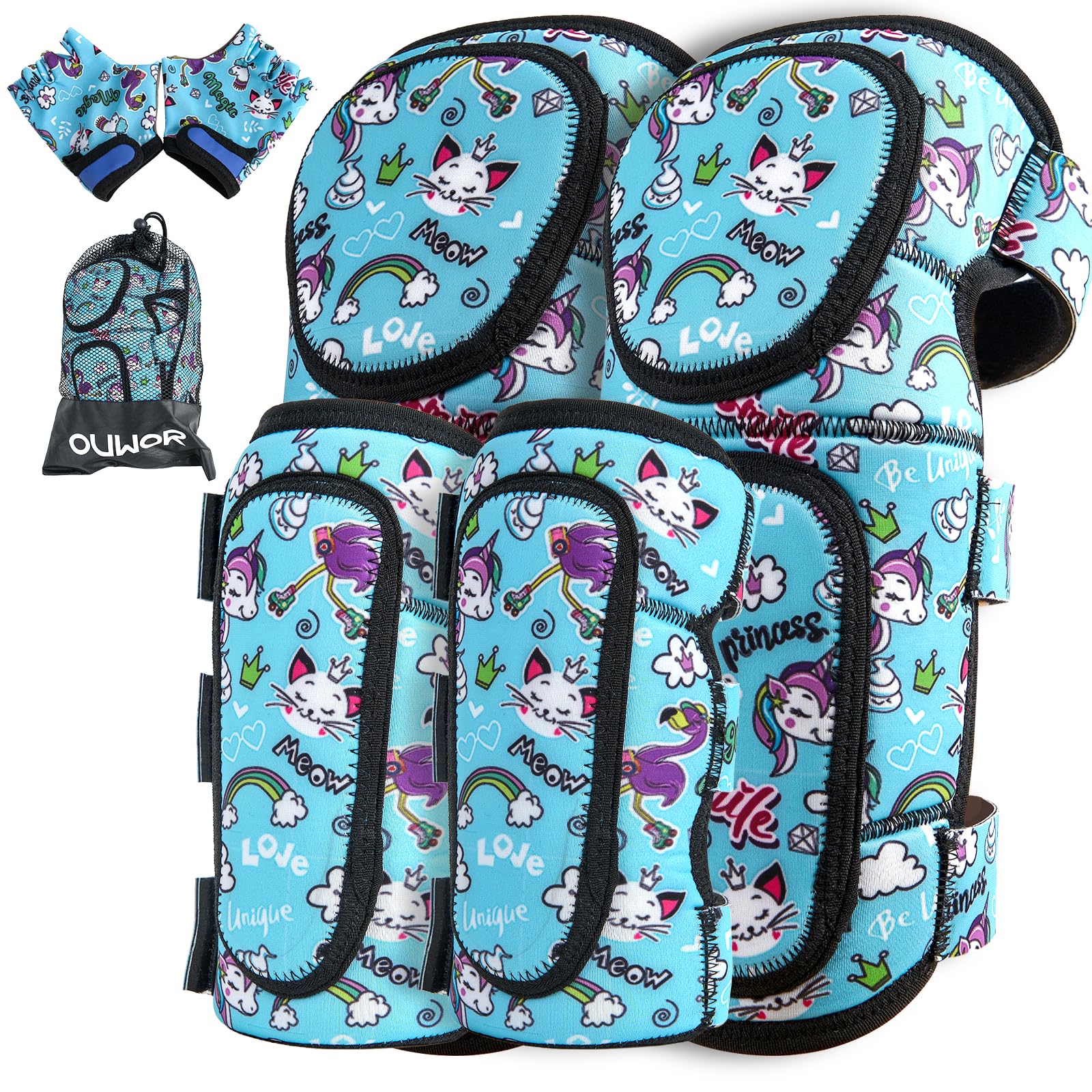 OUWOR Kids Soft Knee and Elbow Pads, Children Protective Gear, Suitable for Boys and Girls Bike Ski Roller Skateboard (Blue)